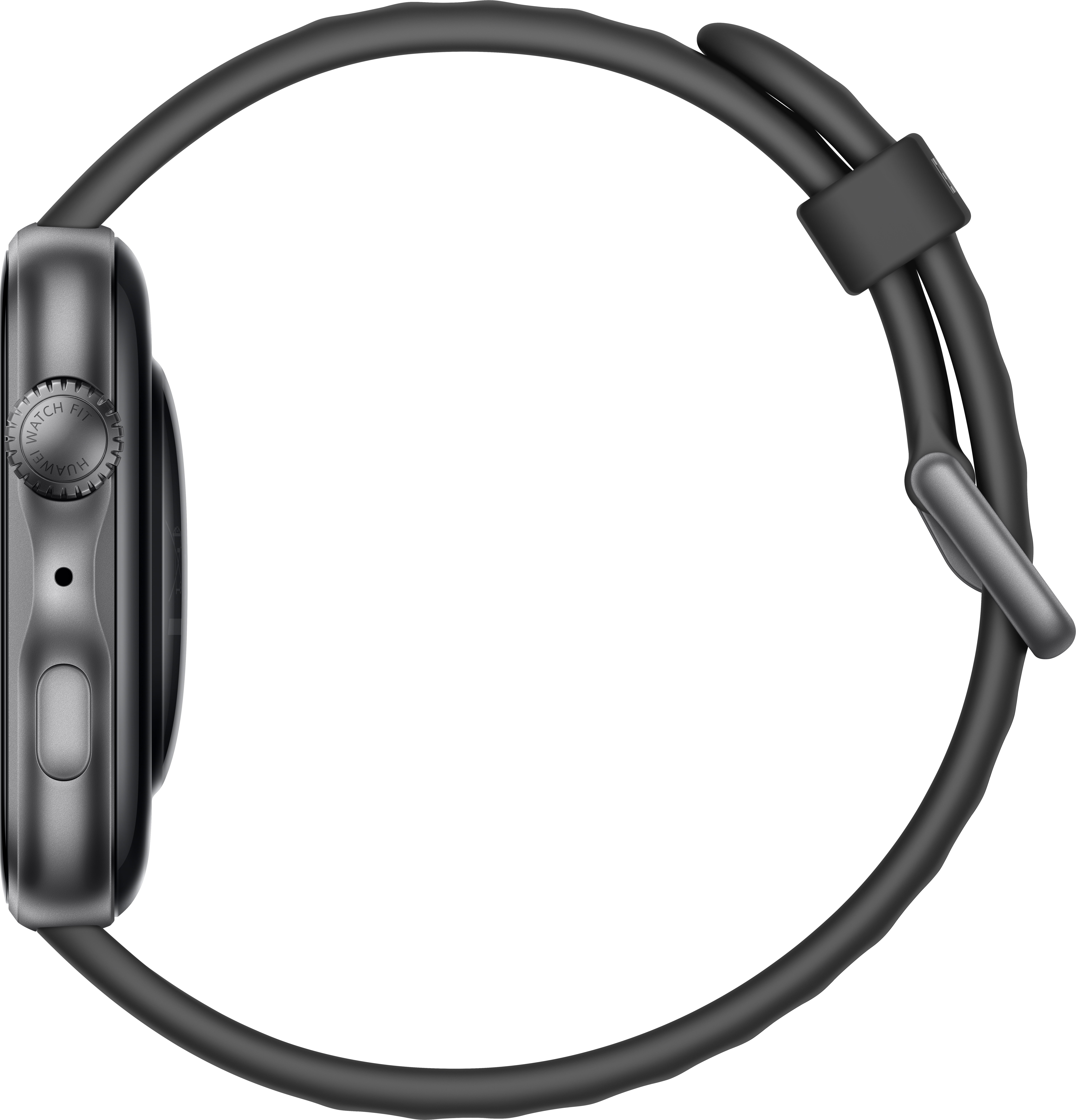 Graue Smartwatch mit schwarzem Armband, Profilansicht.