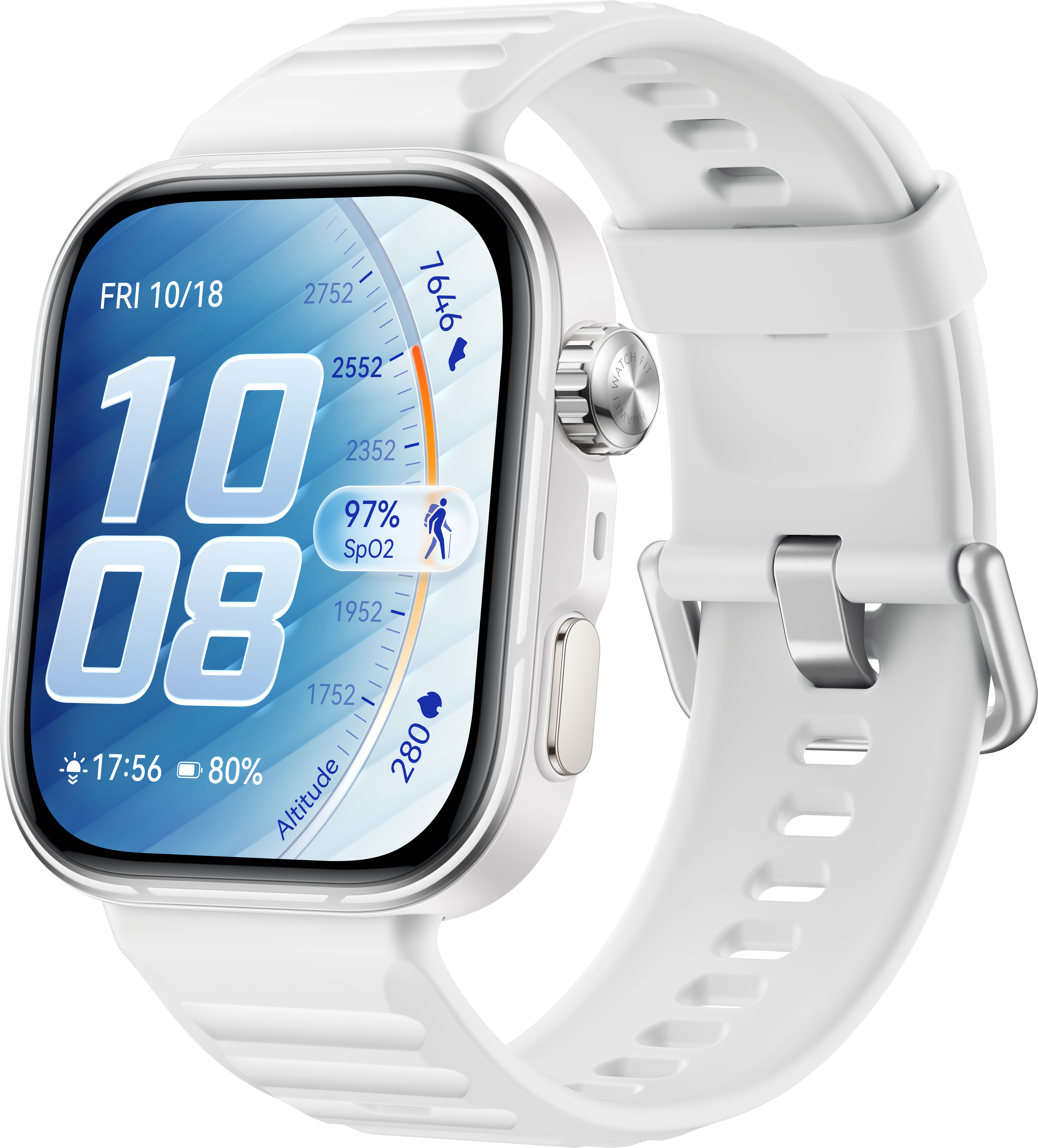 Eine weiße Smartwatch mit weißem Armband, die die Uhrzeit 10:08 anzeigt.