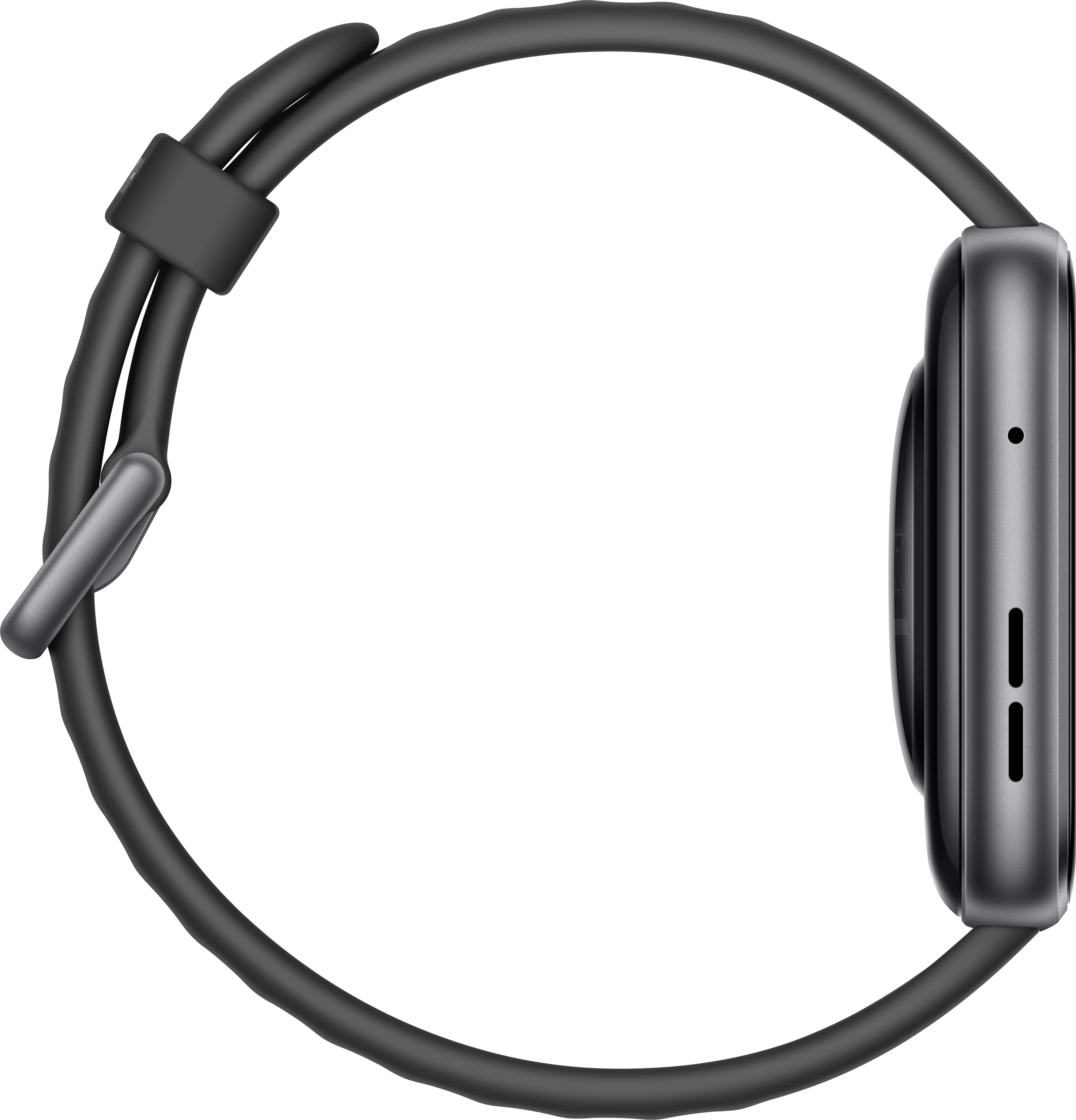 Graue Smartwatch mit schwarzem Armband, Seitenansicht.