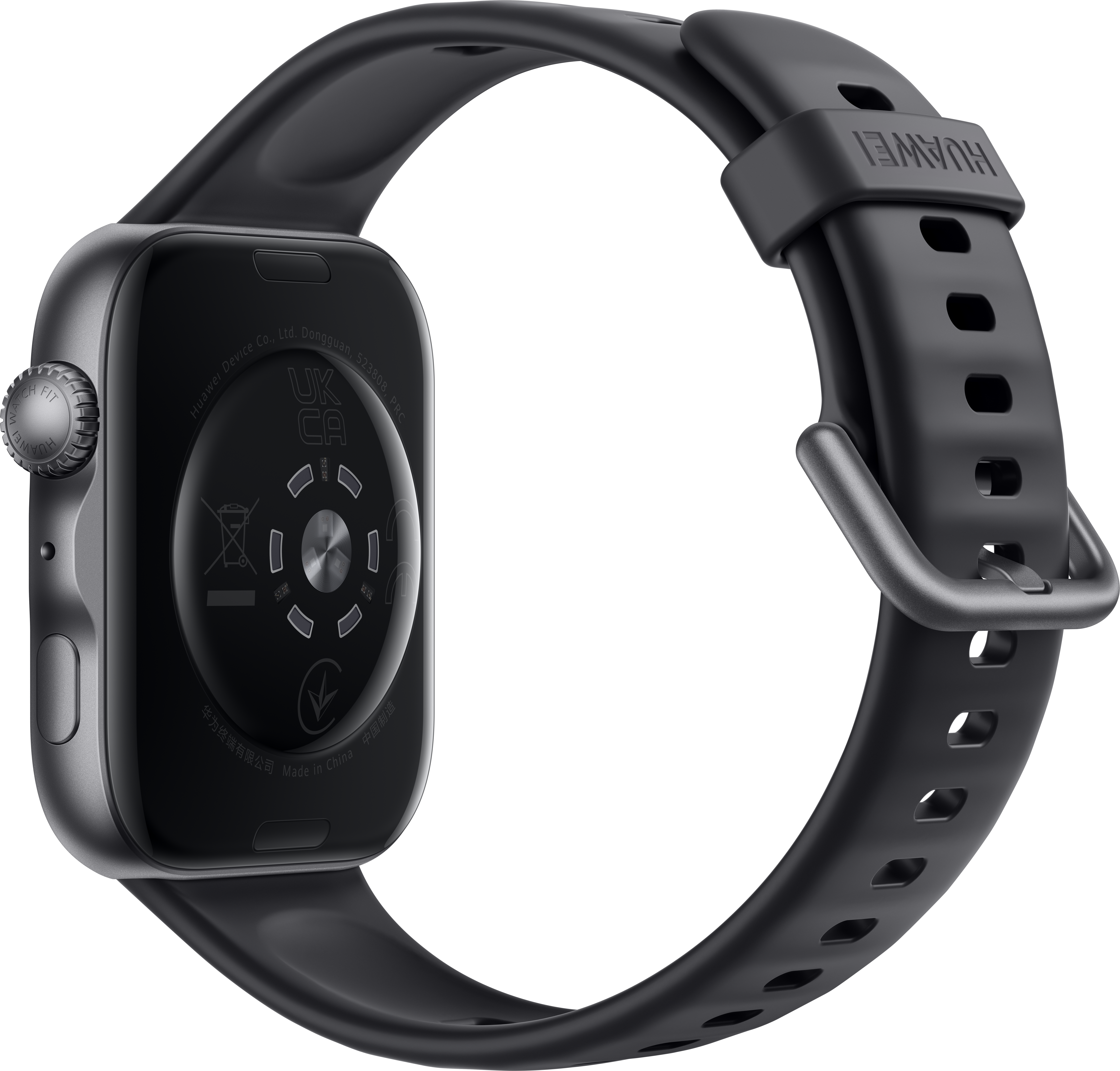 Eine schwarze Smartwatch mit Armband, Vorderseite mit Text und Logo.