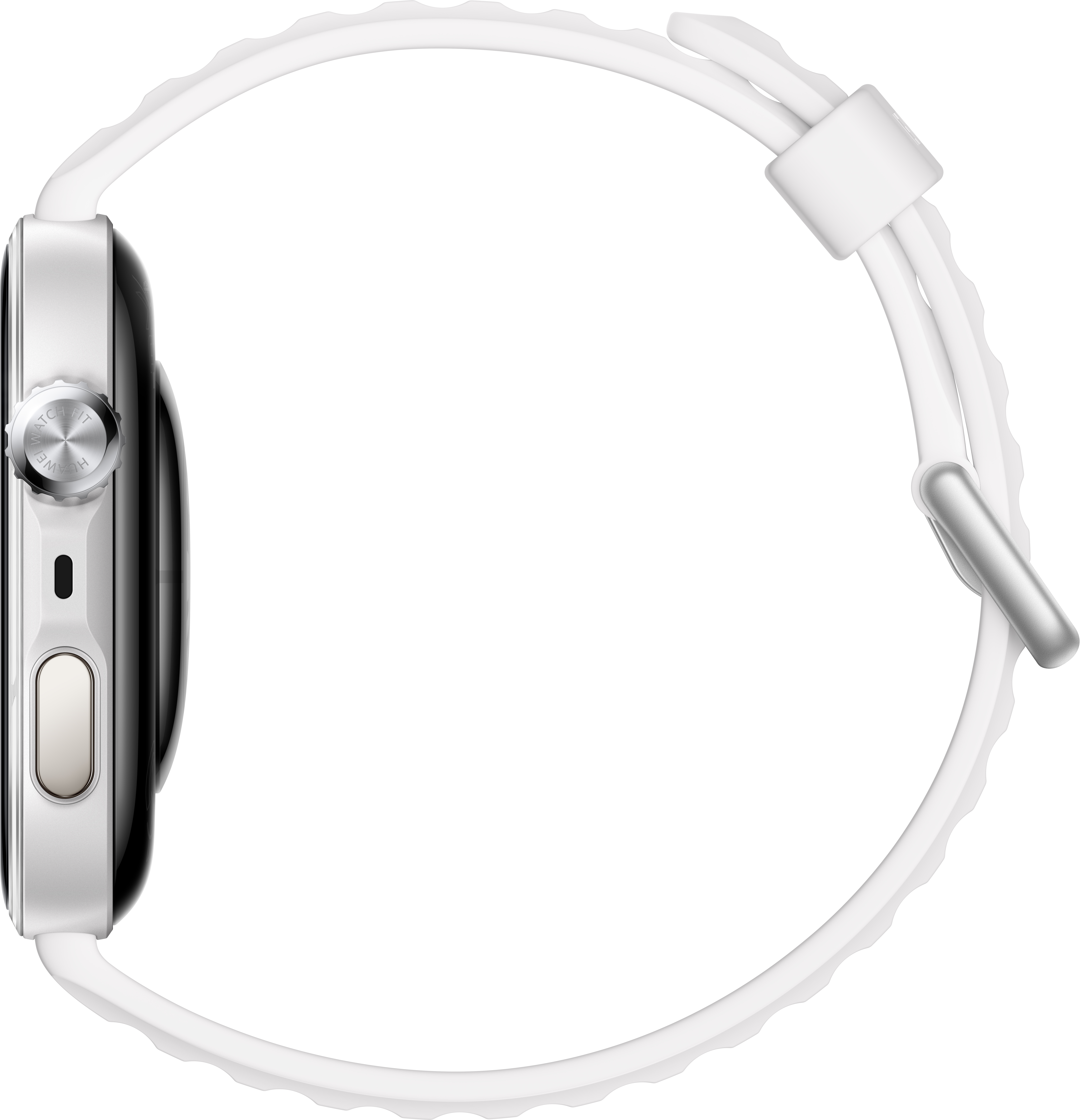 Silberne Smartwatch mit weißem Armband, Seitenansicht.