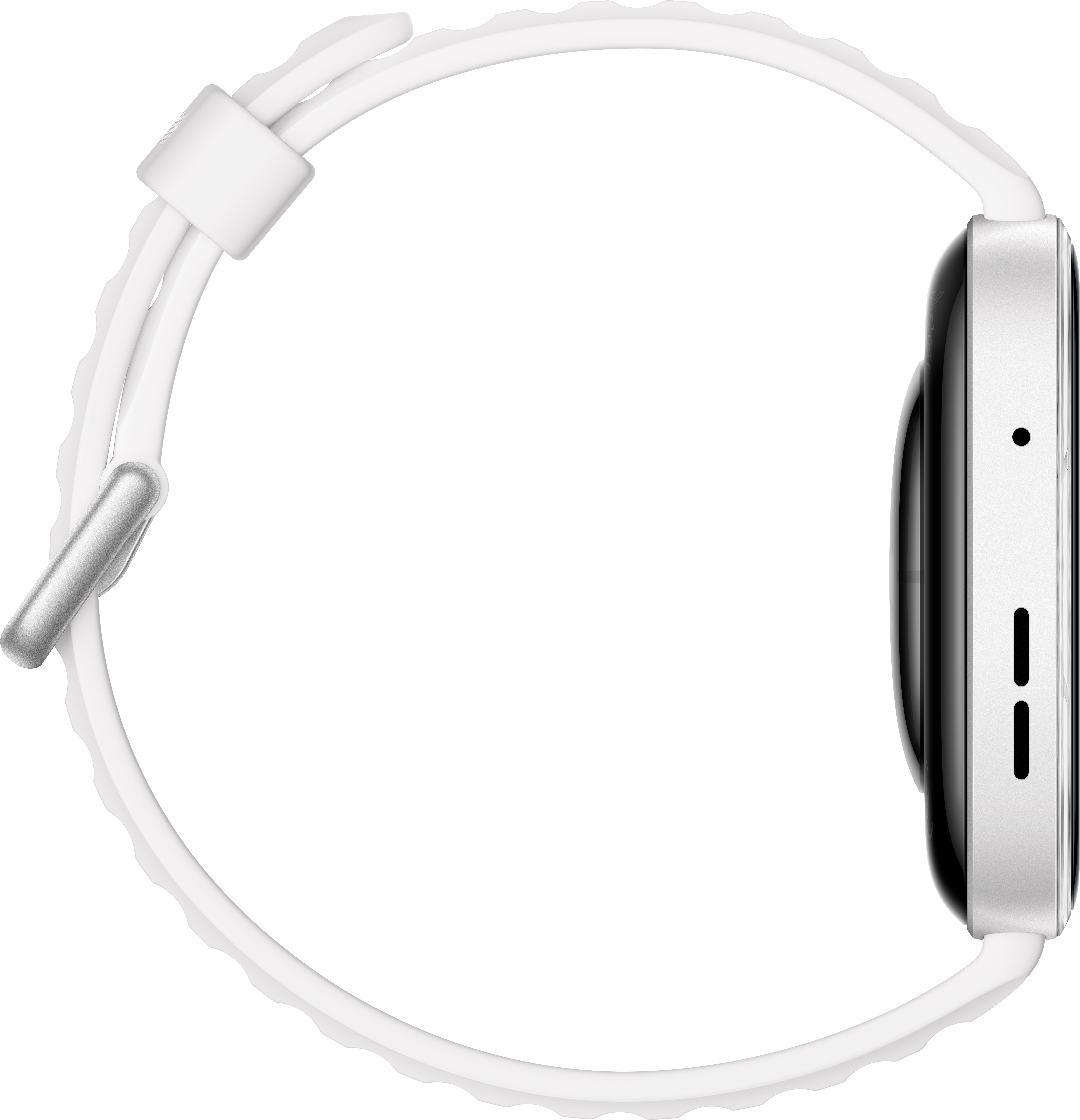 Ein weißes Smartwatch-Armband mit einem silbernen Verschluss und einem silbernen Gehäuse.