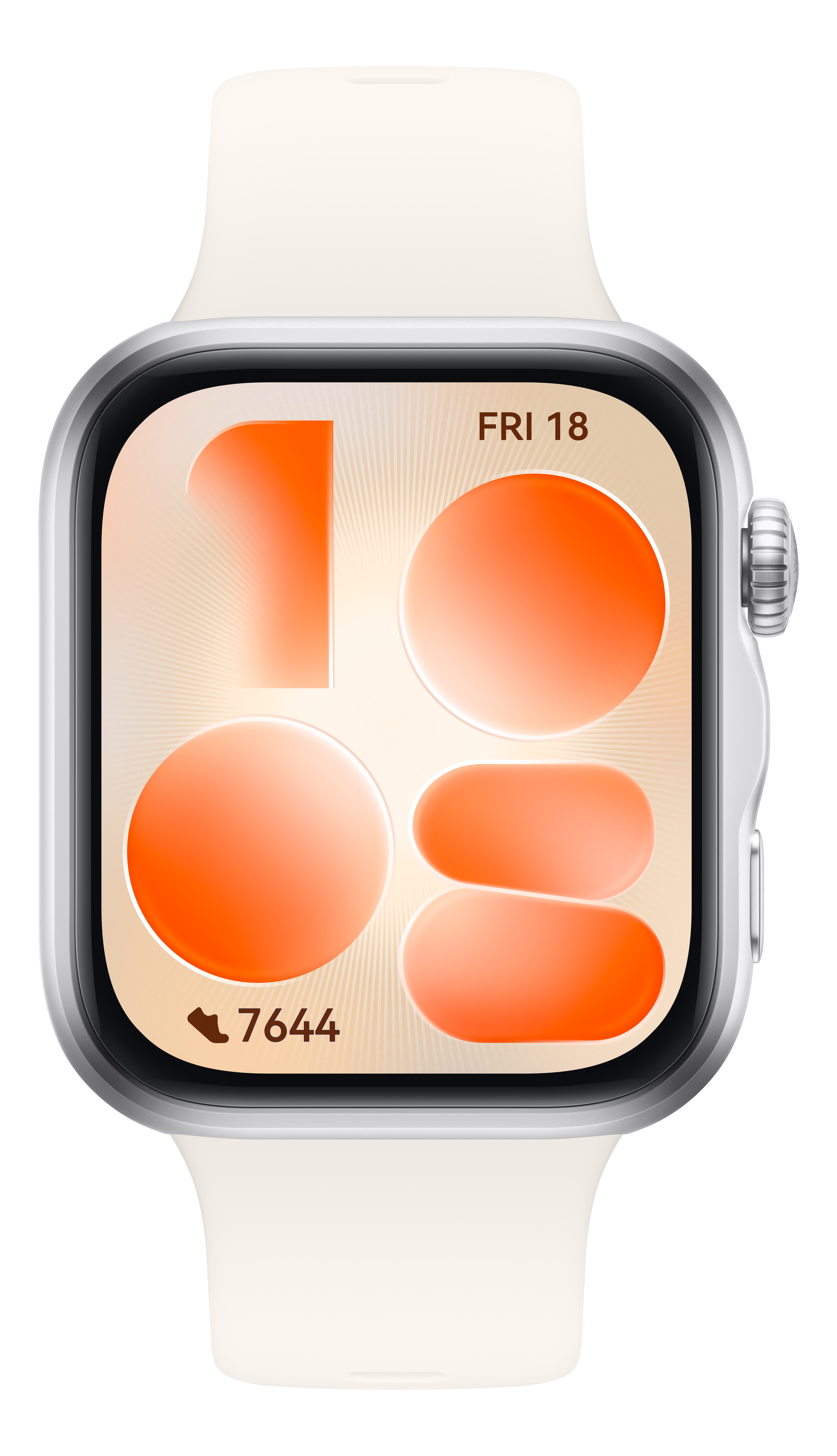 Eine weiße Smartwatch mit einem orangefarbenen Zifferblatt, das 7644 Schritte anzeigt.