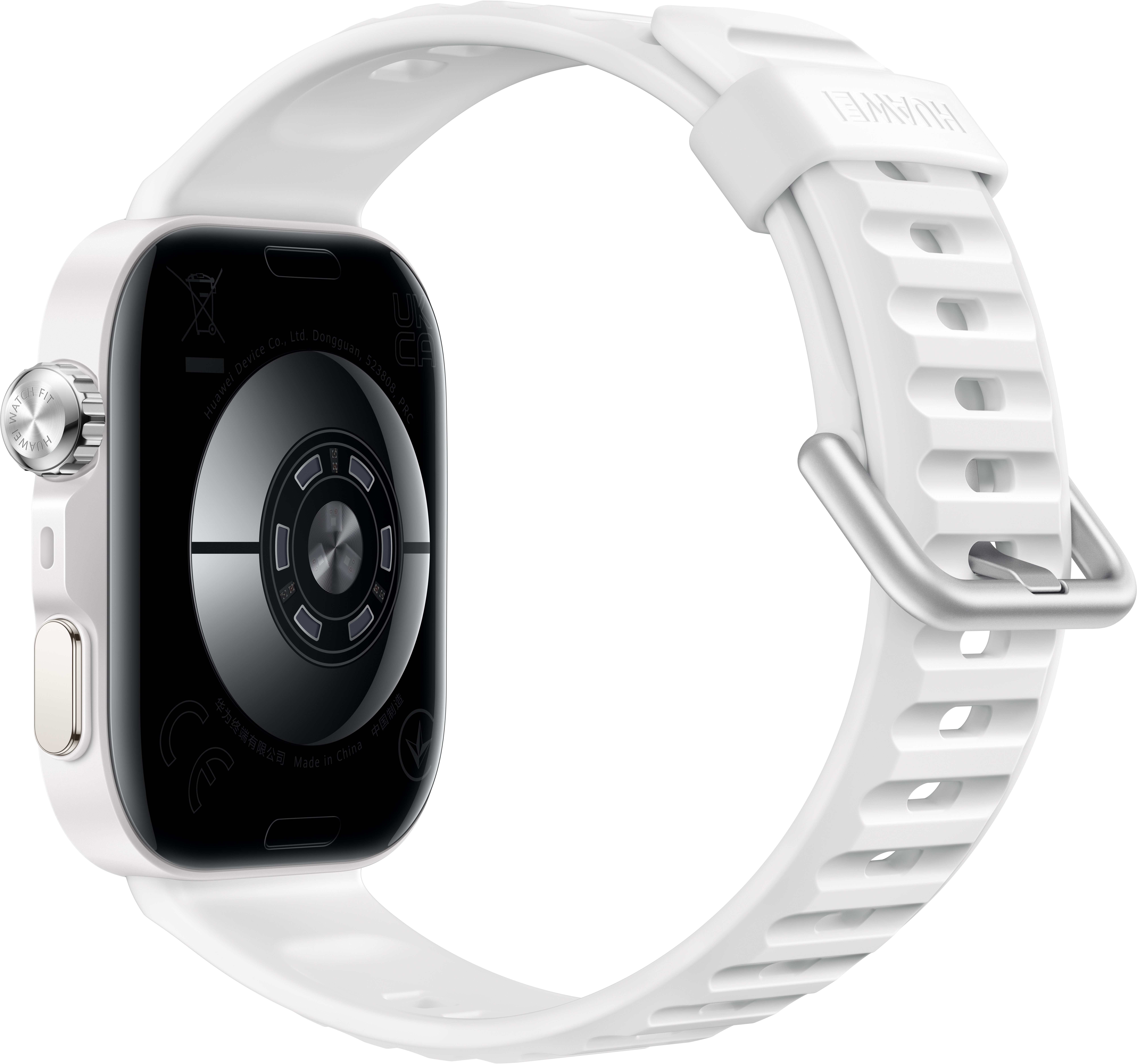 Weiße Smartwatch mit silbernem Zifferblatt, weißem Armband und Huawei-Logo.