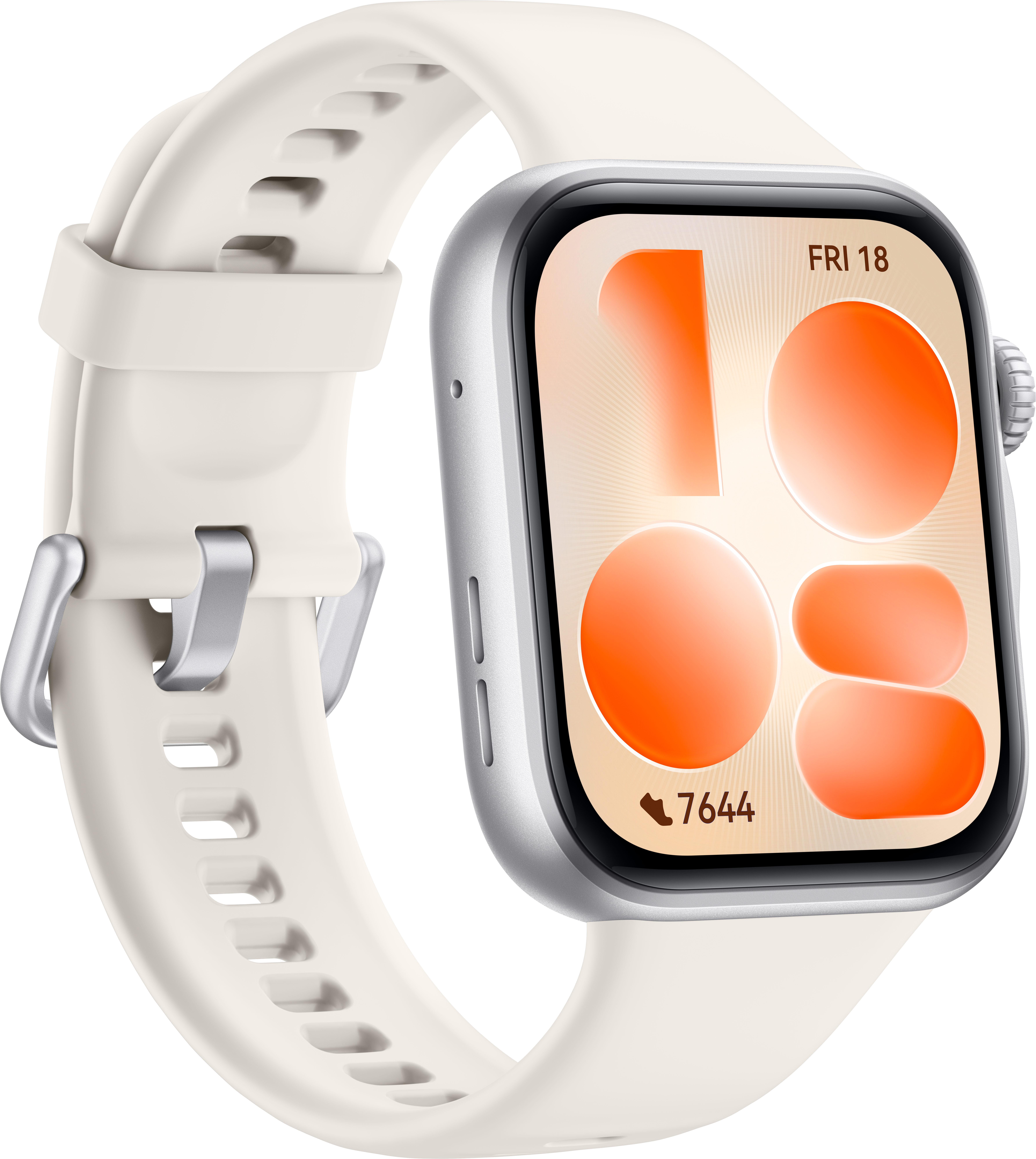 Eine weiße Smartwatch mit silbernem Gehäuse und einem Zifferblatt mit orangefarbenen Elementen und Datum.