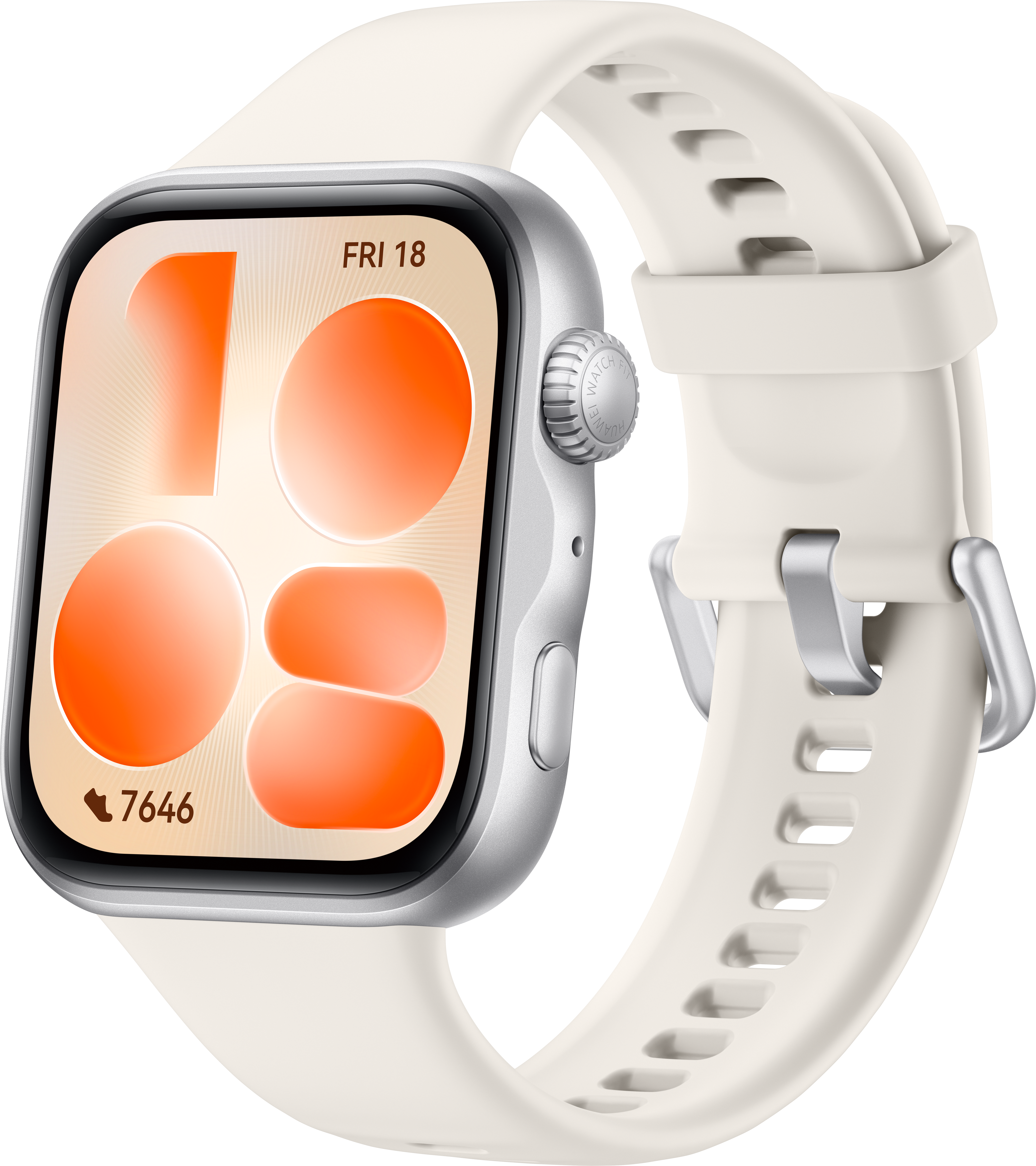 Silberne Smartwatch mit hellem Band. Anzeige zeigt Uhrzeit und Schritte.