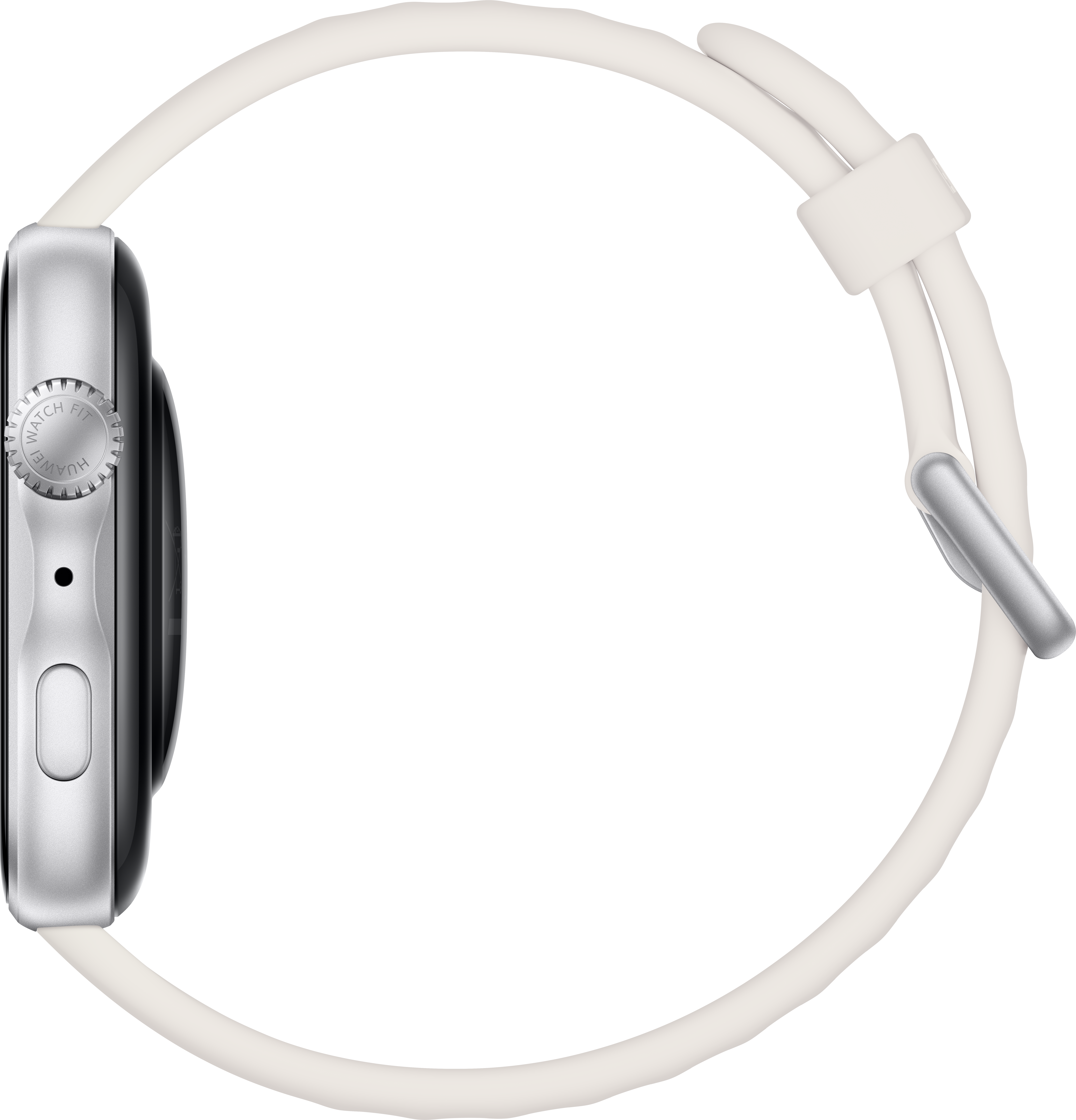Silberne Smartwatch mit weißem Armband auf schwarzem Hintergrund.