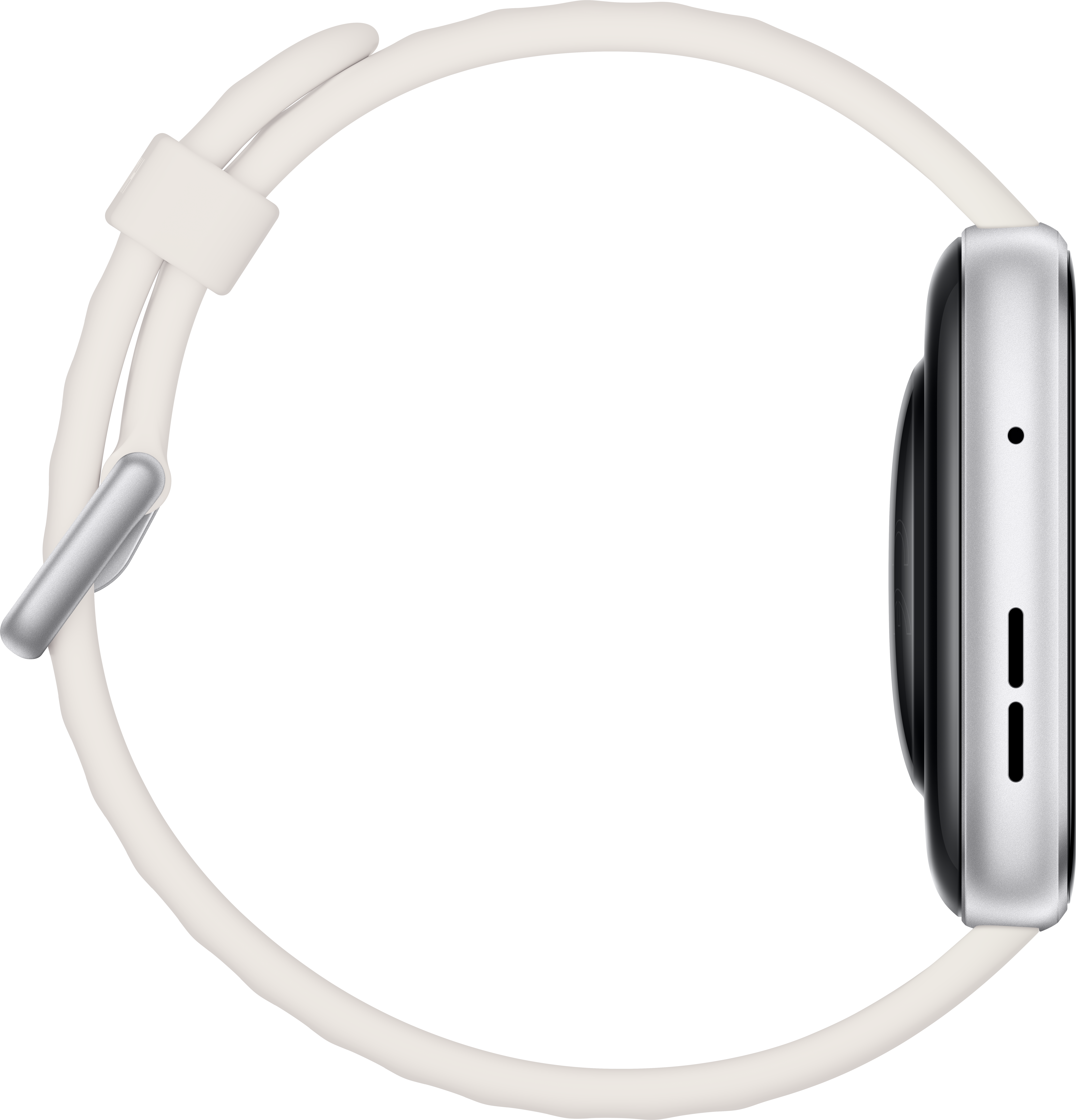 Eine weiße Smartwatch mit silbernem Armband und silbernem Verschluss.