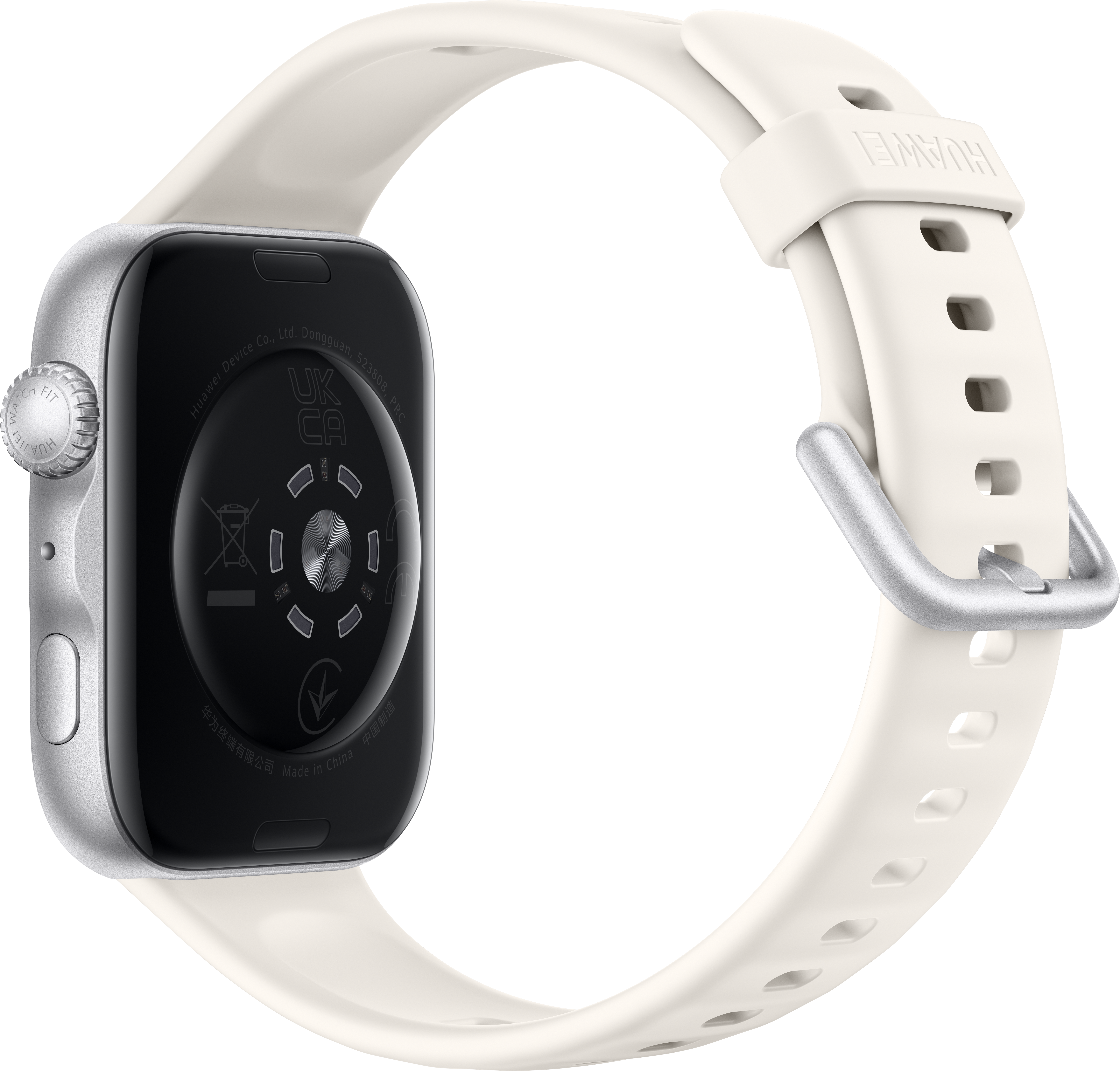Weiße Smartwatch mit silbernem Gehäuse und schwarzem Rücken. Links ist ein Knopf.