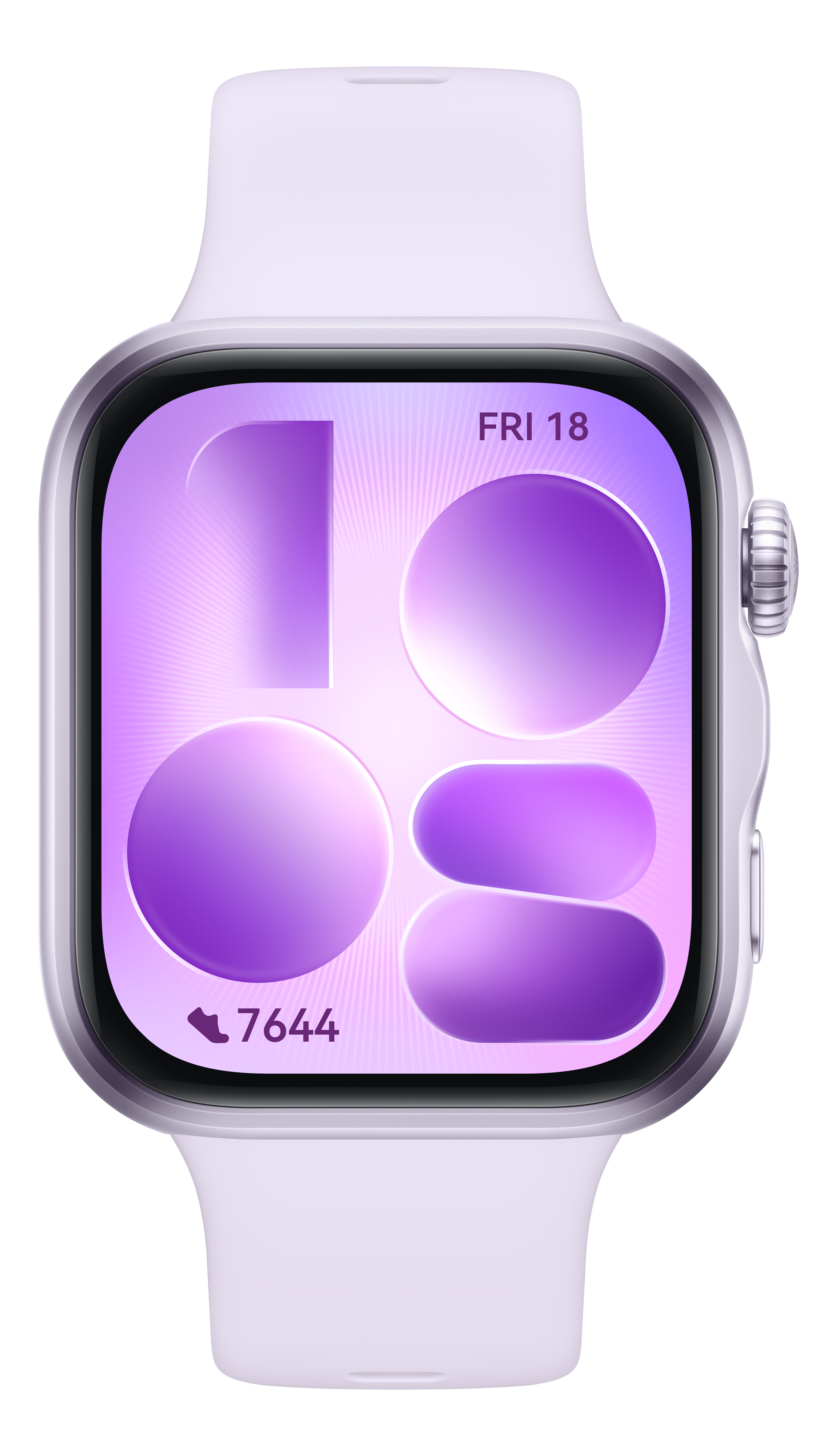 Eine weiße Smartwatch mit violettem Zifferblatt und grafischen Elementen.