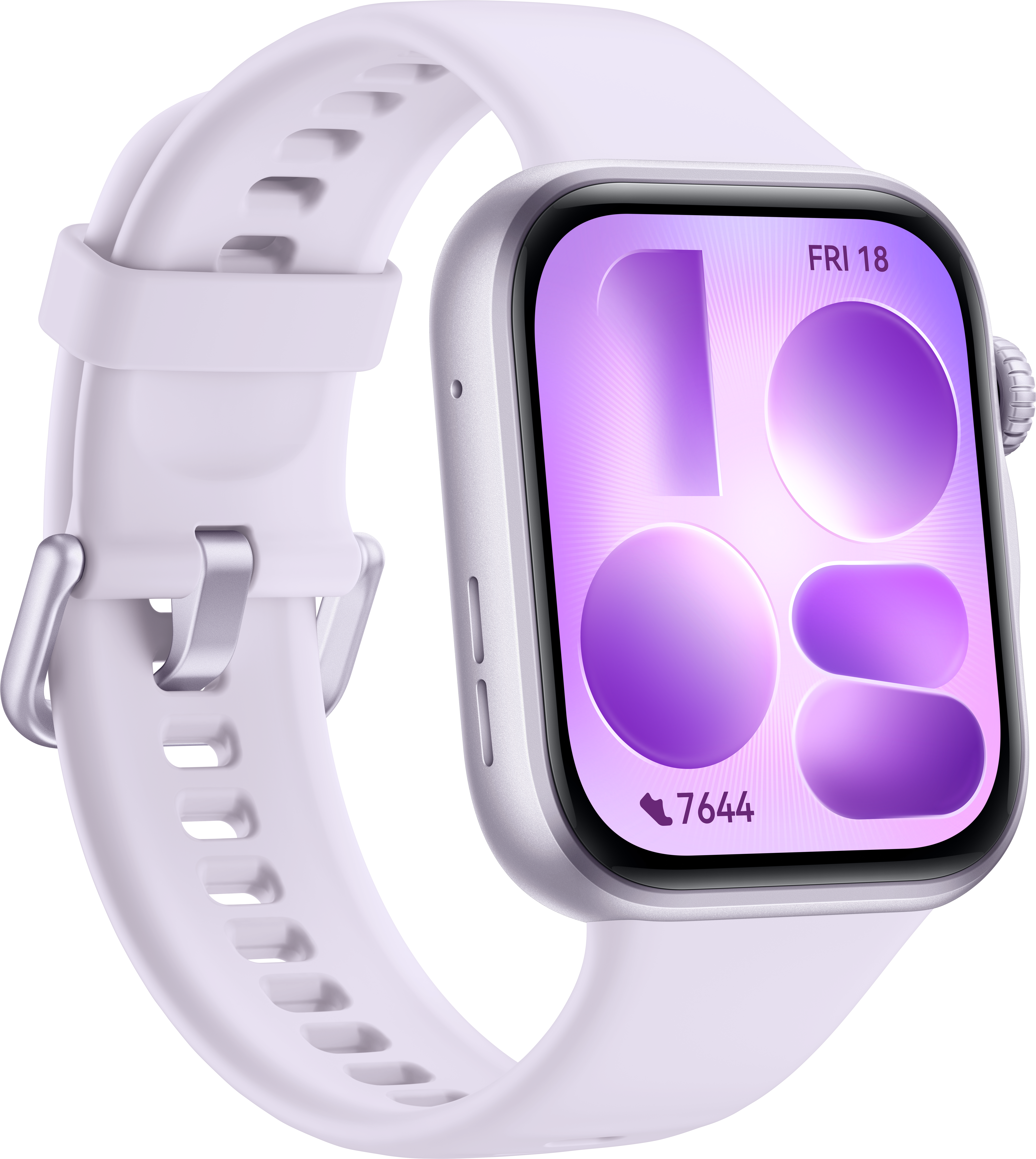 Ein hellviolettes Smartwatch-Armband mit silbernem Gehäuse und lila Zifferblatt.
