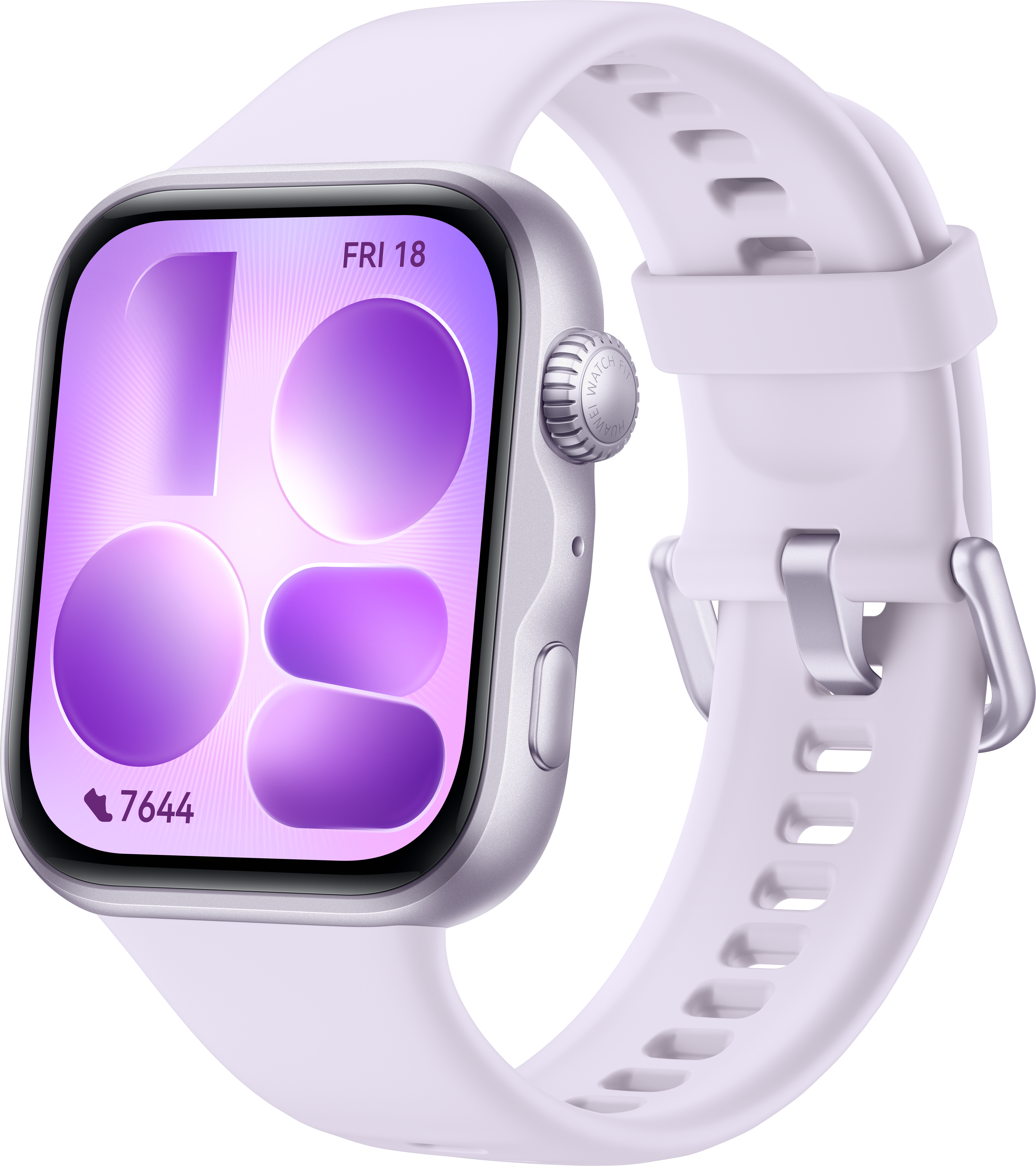 Silberne Smartwatch mit lila Zifferblatt und weißem Armband, zeigt 'FRI 18'.