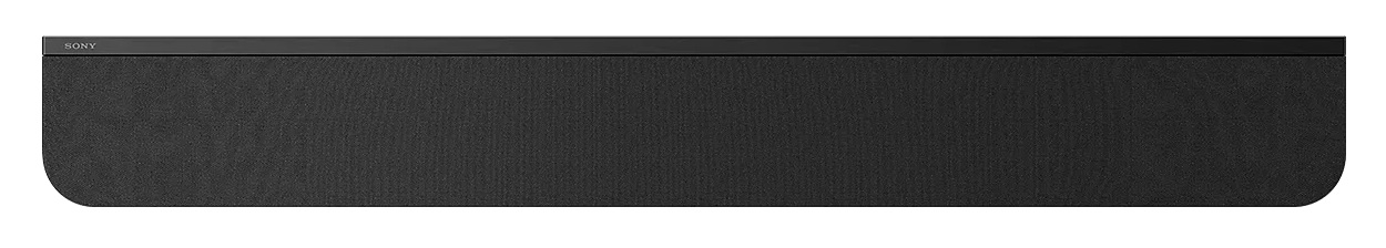 Czarny soundbar Sony z teksturowaną tkaniną i metalową listwą górną.