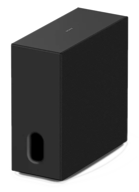 Czarny subwoofer Sony z owalnym otworem wentylacyjnym z boku.