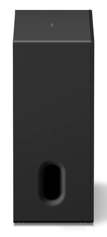 Czarny subwoofer z owalnym otworem bass reflex z przodu.