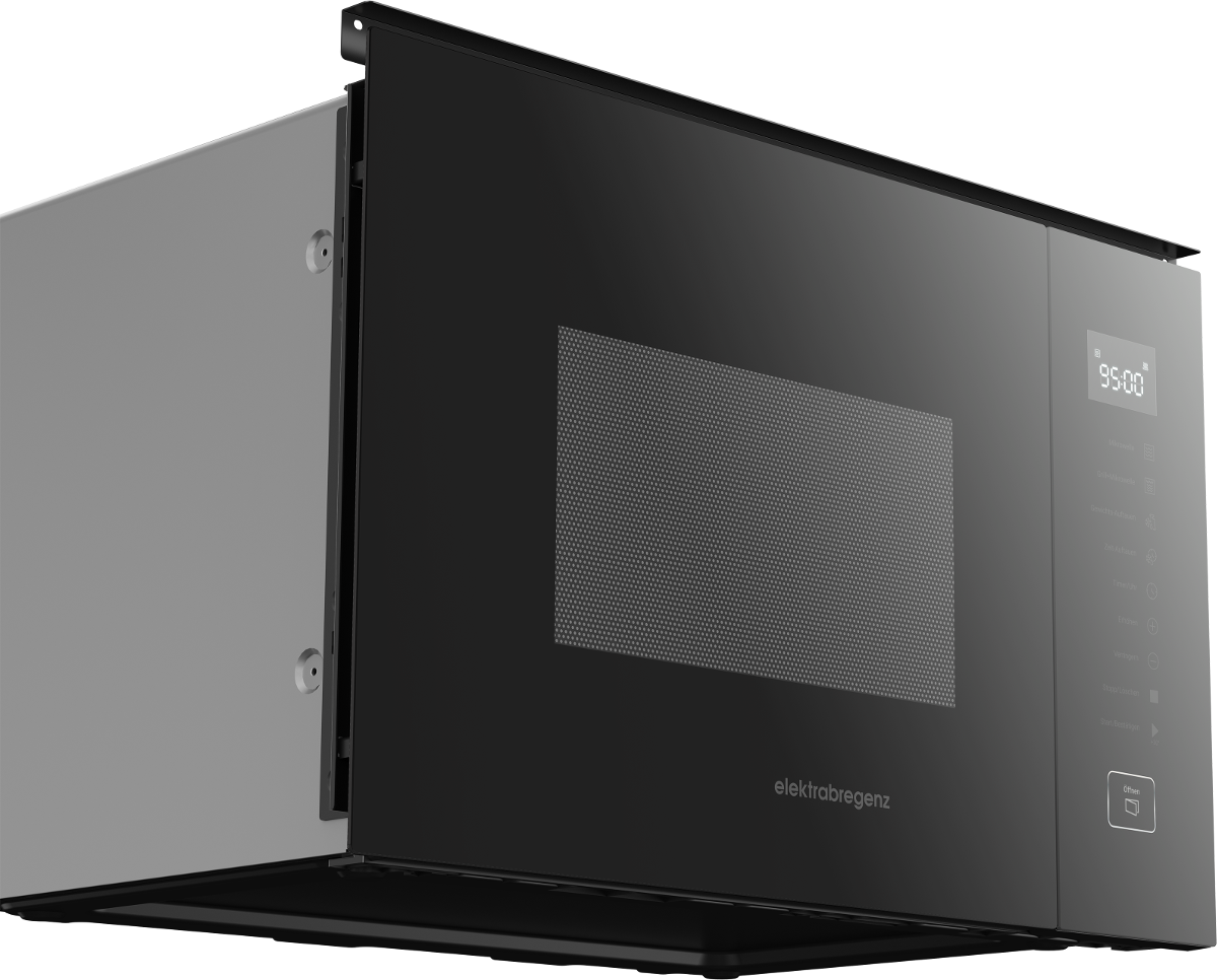 Ein moderner schwarzer Einbau-Kühlschrank mit Glasfront und digitalem Display.