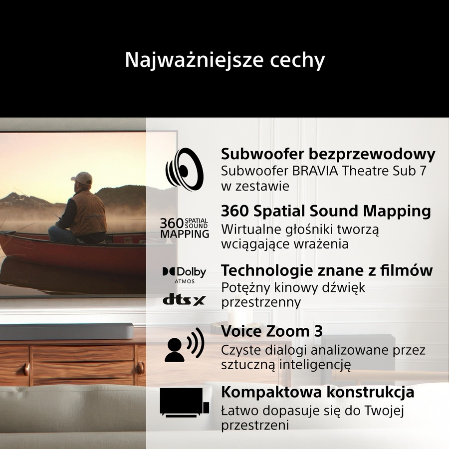Mężczyzna w łodzi na mglistym jeziorze. Tekst opisuje funkcje audio.
