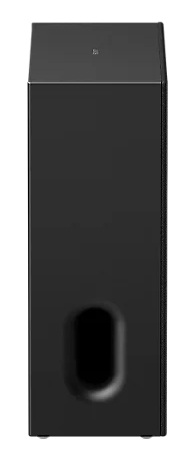 Czarny subwoofer z owalnym portem bass reflex z przodu i logo Sony na górze.