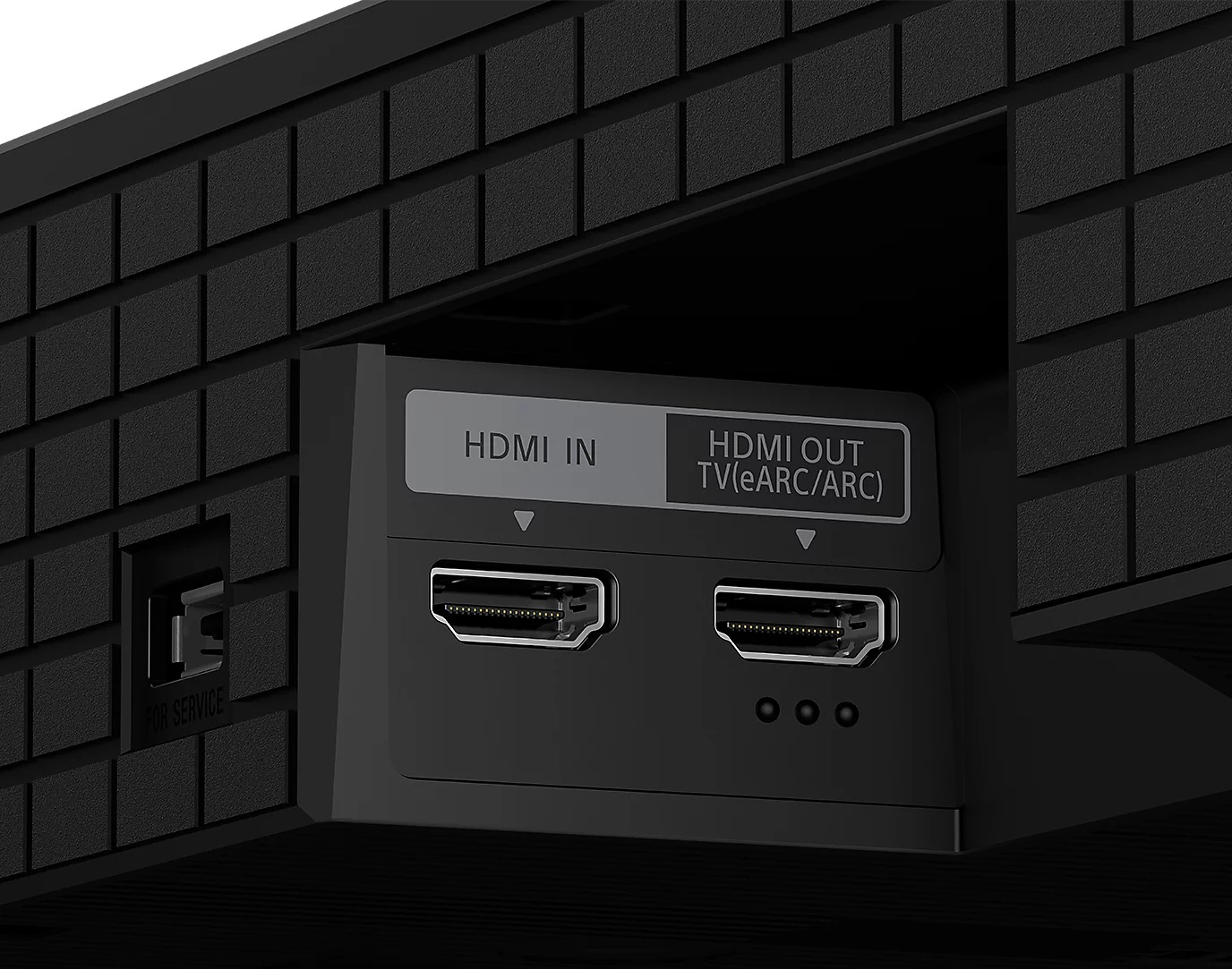 Tył czarnego urządzenia z portami HDMI i etykietami.