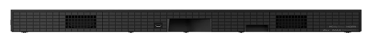 Czarny soundbar z portem USB, otworami wentylacyjnymi i logotypami.