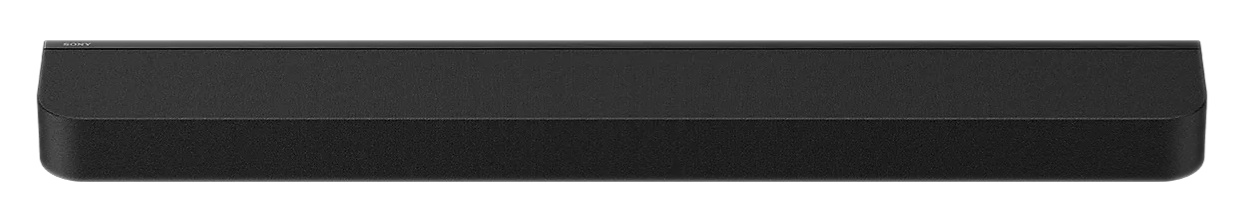 Czarny soundbar Sony z teksturowanym przodem i subtelnym detalem na górze.