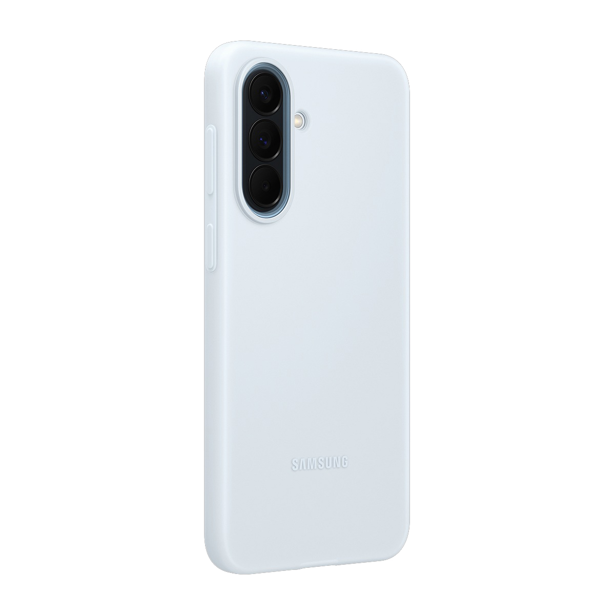 Arkada üç kamerası olan açık mavi Samsung telefon kılıfı.