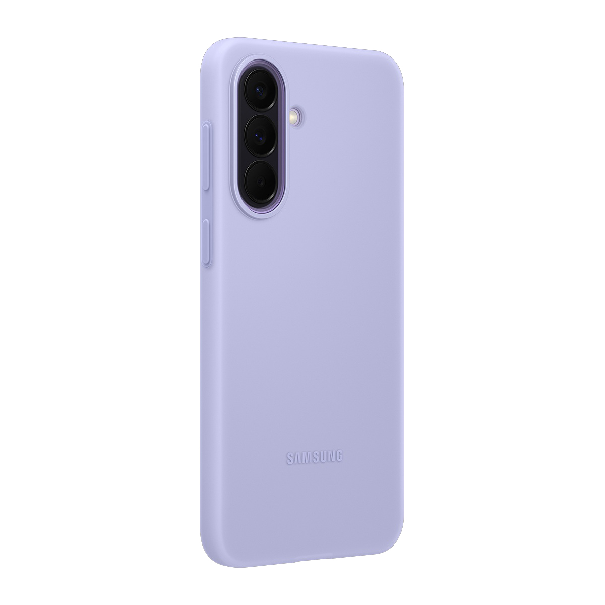 Üç kamera lensli ve flaşlı lavanta rengi Samsung telefon kılıfı.