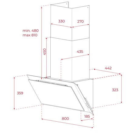 Rysunek techniczny okapu kuchennego z wymiarami: Wysokość 450-810mm, Szerokość 800mm, Głębokość 442mm.