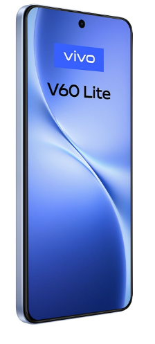 Mavi arka planlı, açık mavi bir Vivo V60 Lite akıllı telefon.