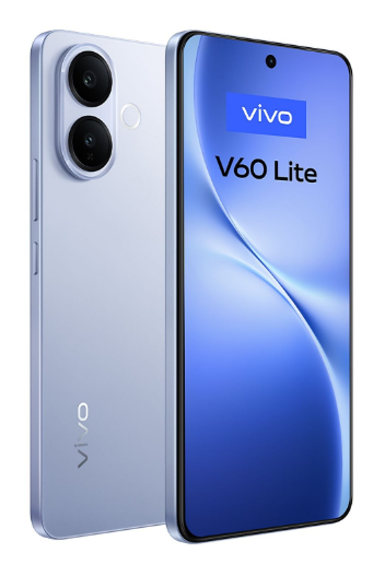 Arkada çift kamera bulunan açık mavi Vivo V60 Lite akıllı telefon.