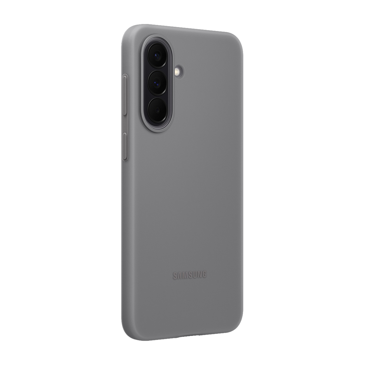 Üç kamera lensli ve Samsung logolu gri telefon kılıfı.