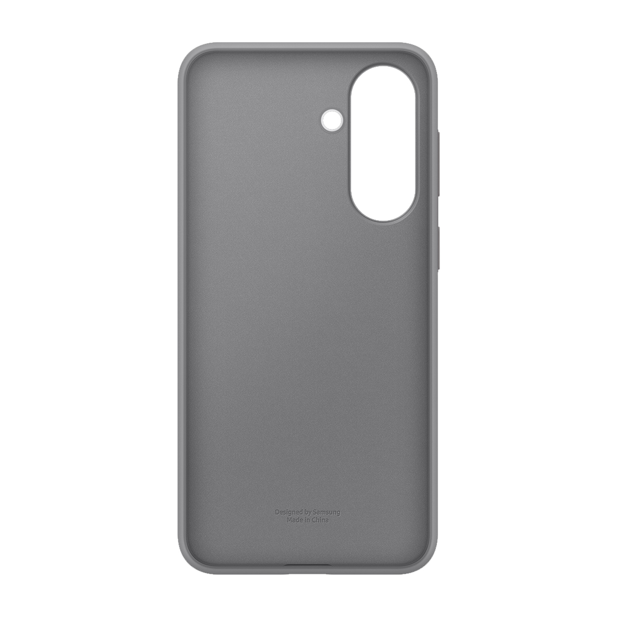 Kamera boşluklu ve yan düğmeli gri telefon kılıfı.