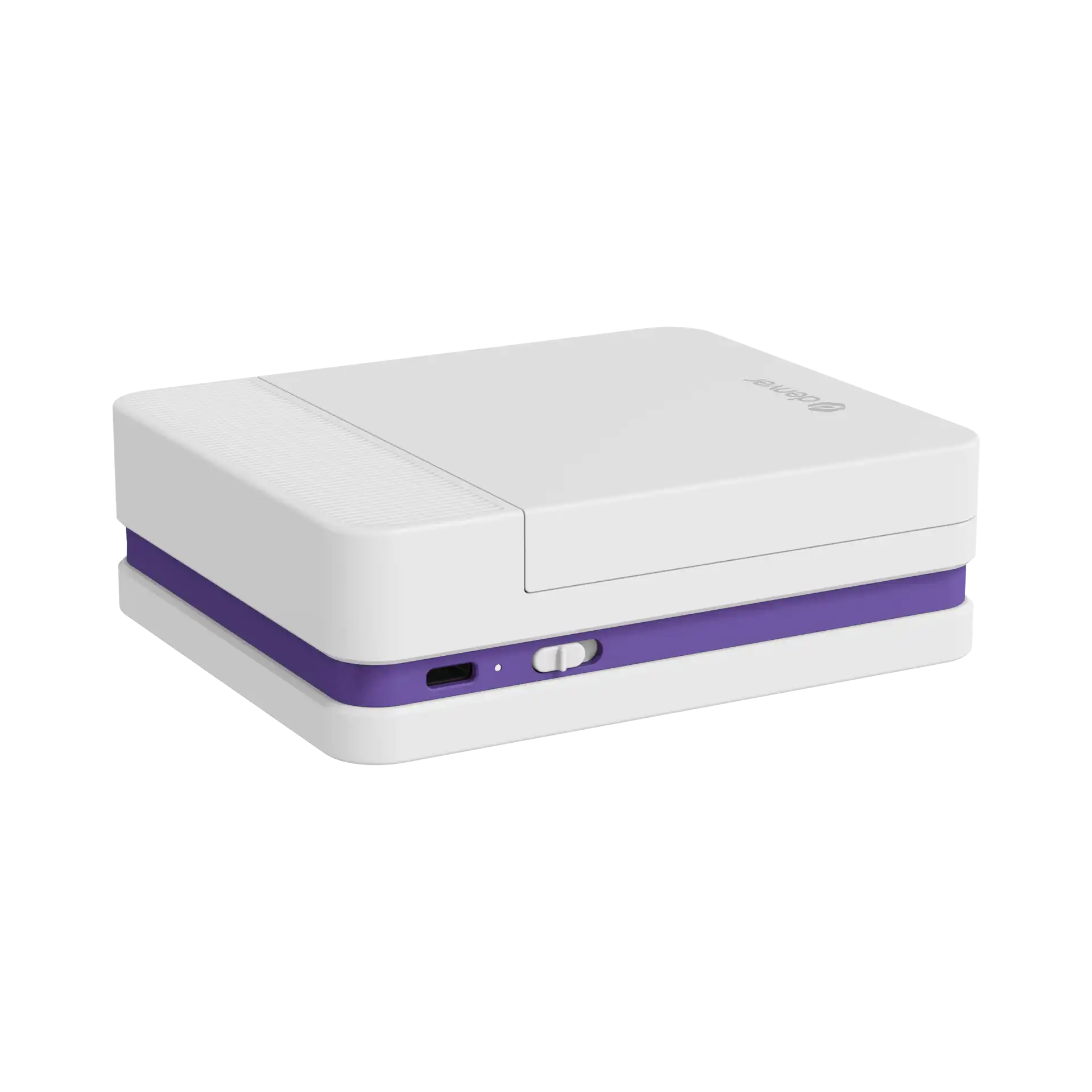 Ein weißes und lila Gerät mit einem USB-C-Anschluss und einem Schalter.