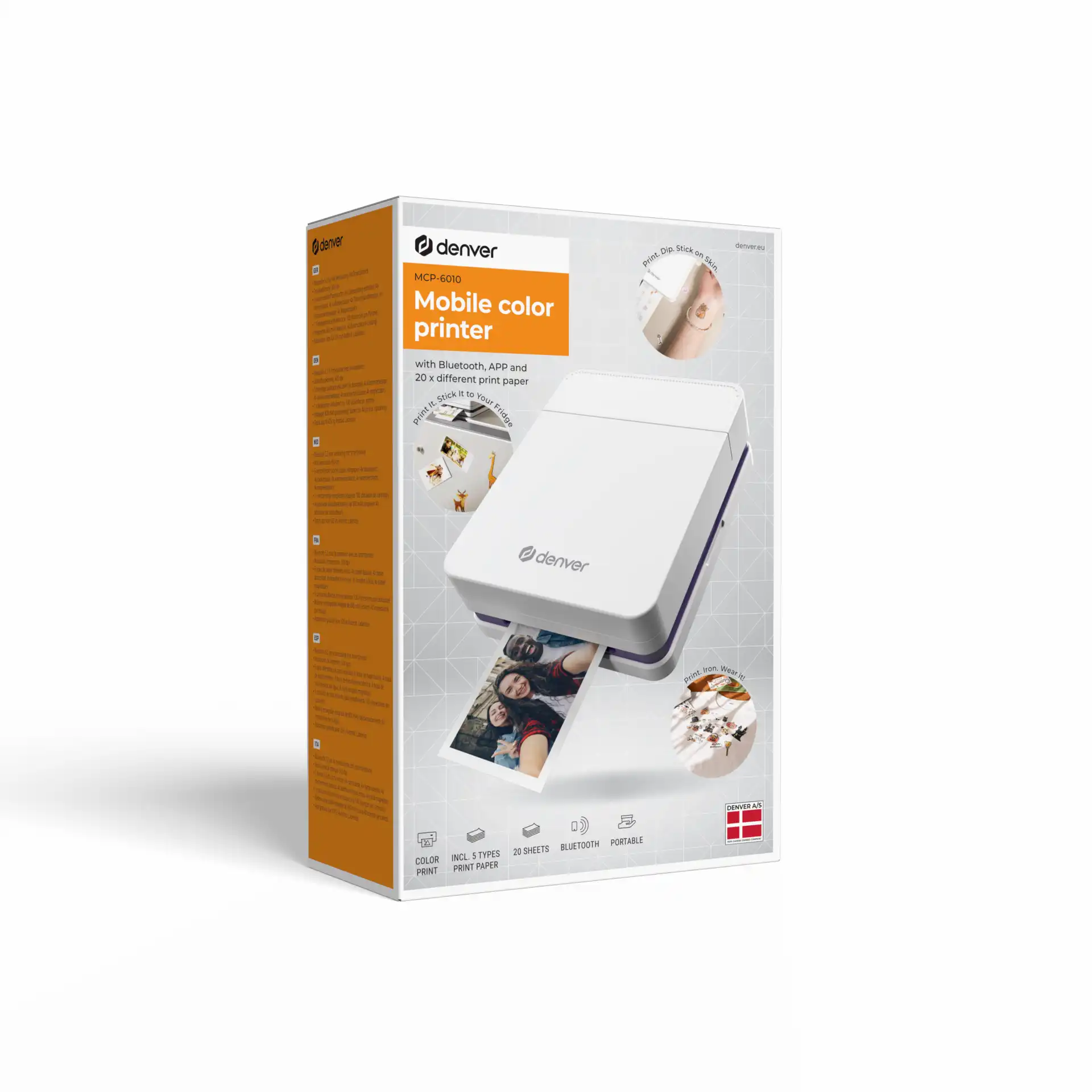 Verpackung eines Denver MCP-6010 mobilen Farbdruckers mit Beispielbildern.