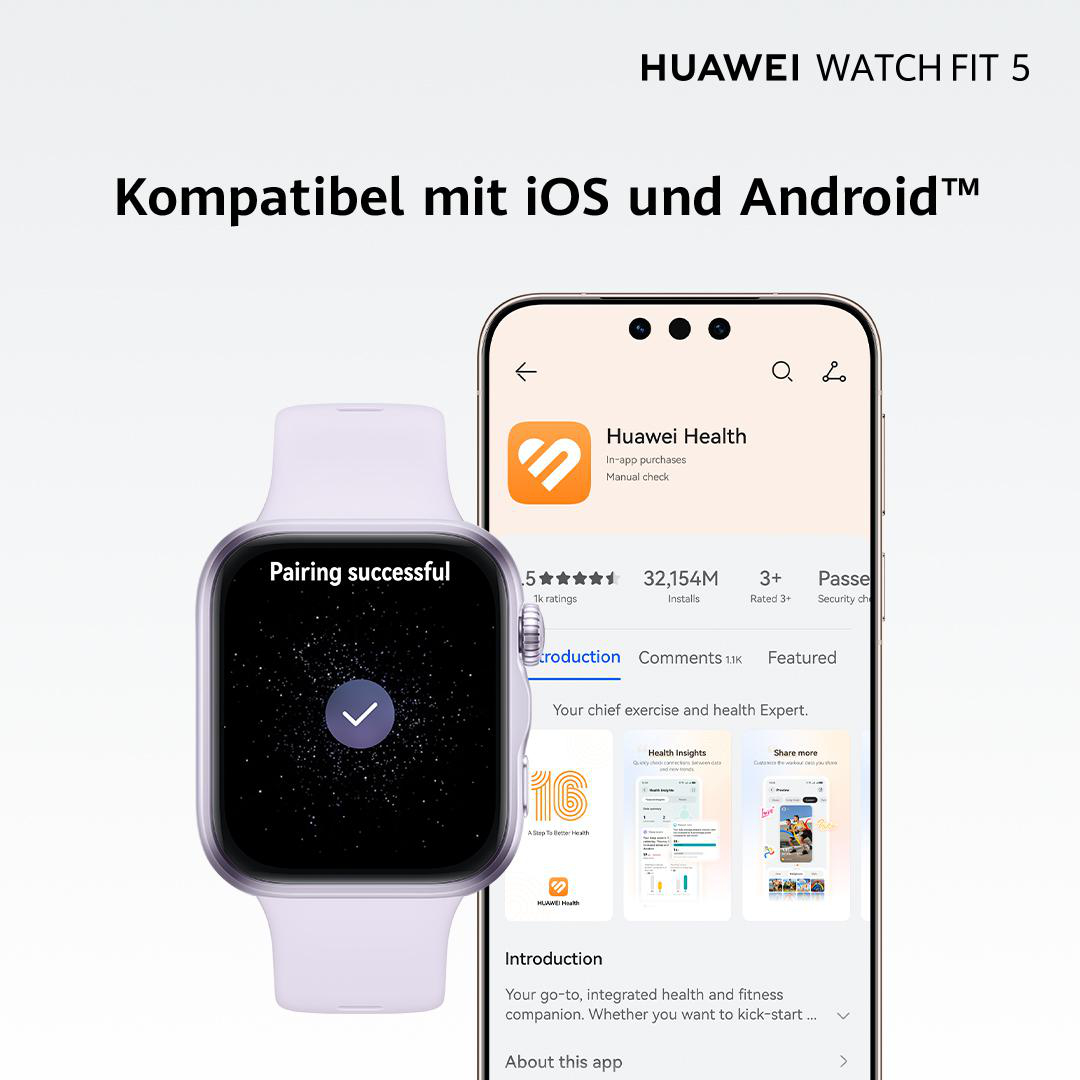 Ein lila Huawei Watch Fit 5 zeigt 'Pairing erfolgreich' neben einem Smartphone mit der Huawei Health App.