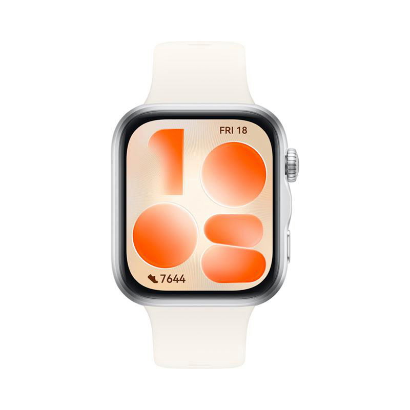Eine weiße Smartwatch mit einem silbernen Gehäuse und einem digitalen Display mit orangen Kreisen.