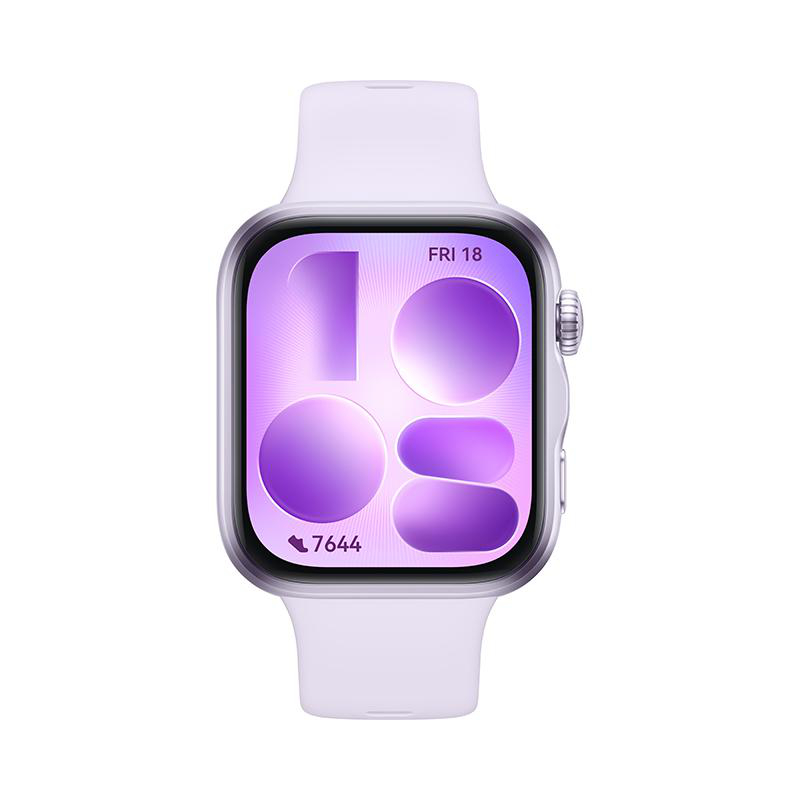 Eine weiße Smartwatch mit lila Zifferblatt und digitalen Anzeigen.