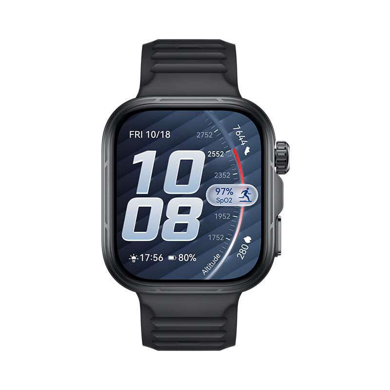 Schwarze Smartwatch zeigt 10:08, 97% SpO2, 80% Akku und Höhe an.