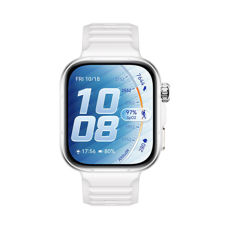 Weiße Smartwatch mit großem Zifferblatt, zeigt Zeit, Datum, SpO2 und Höhenmeter.