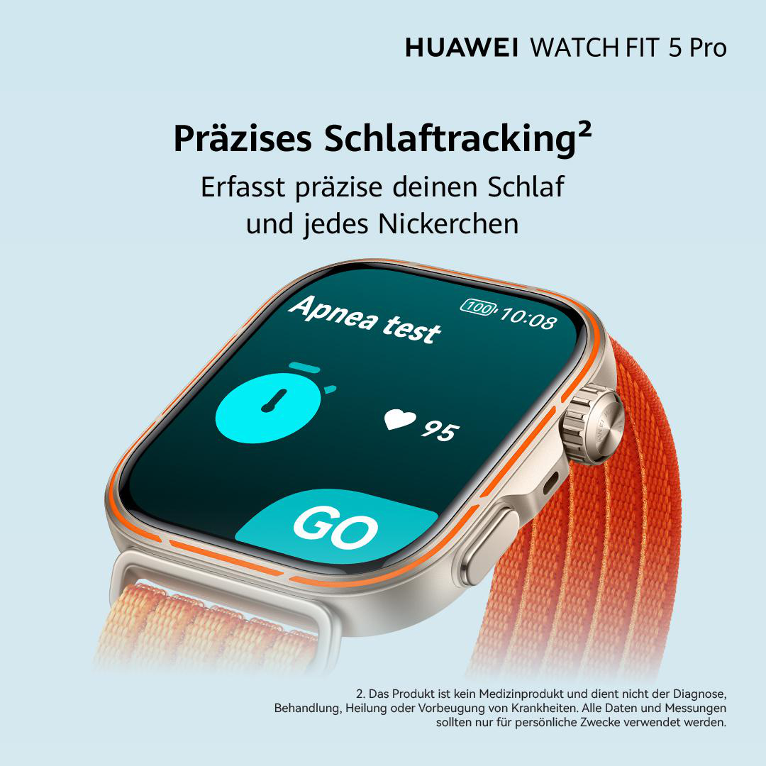 Huawei Watch mit "Apnea test" und "GO" Anzeige, Herzfrequenz 95.