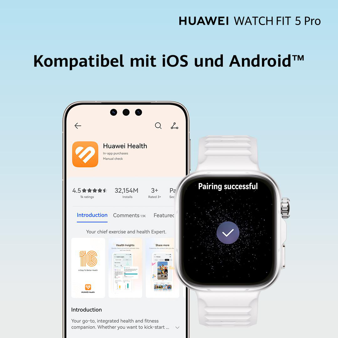 Huawei Watch Fit 5 Pro mit App auf dem Smartphone und erfolgreicher Kopplung.
