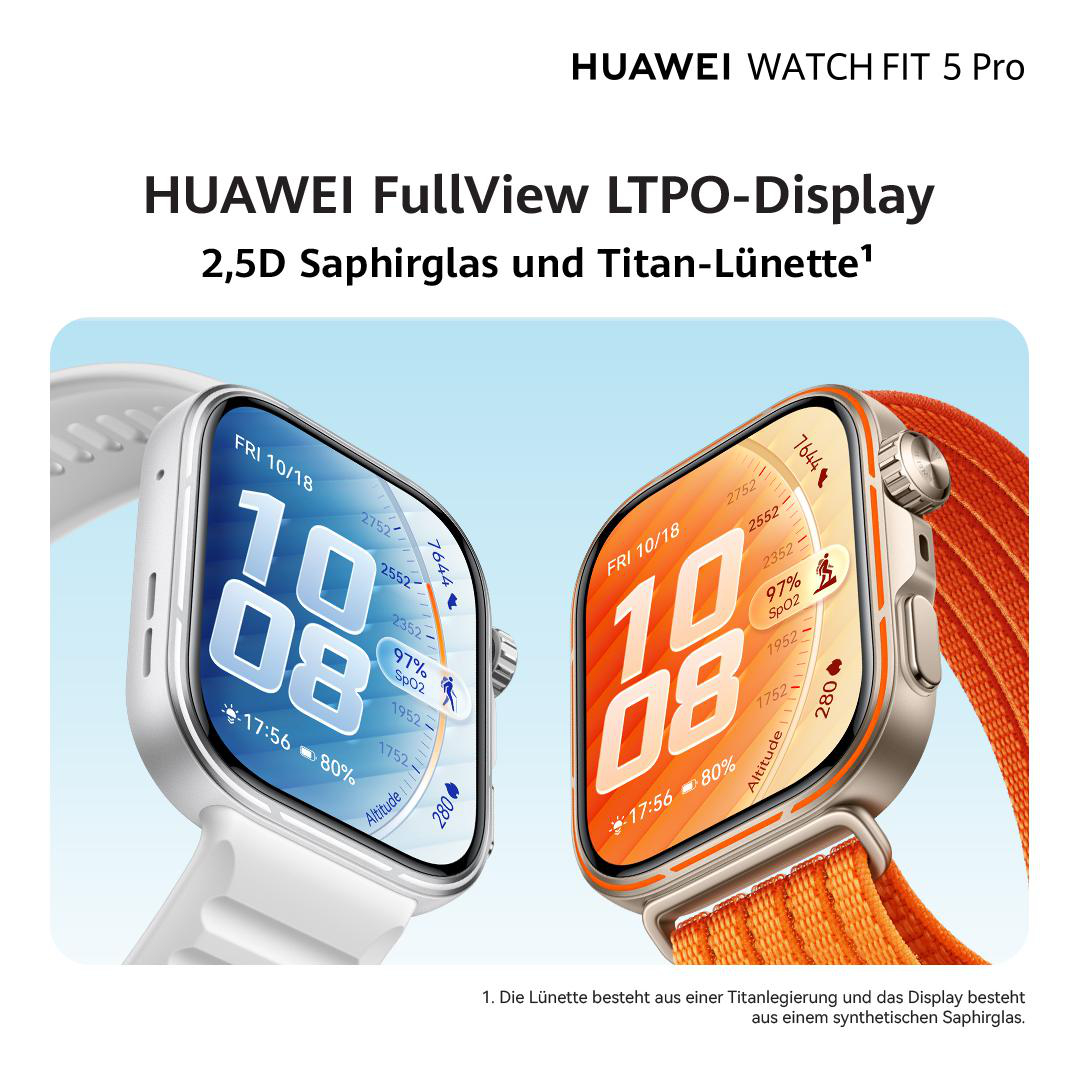 Zwei Huawei Watch Fit 5 Pro Uhren mit digitalen Zifferblättern zeigen Zeit und Gesundheitsdaten.