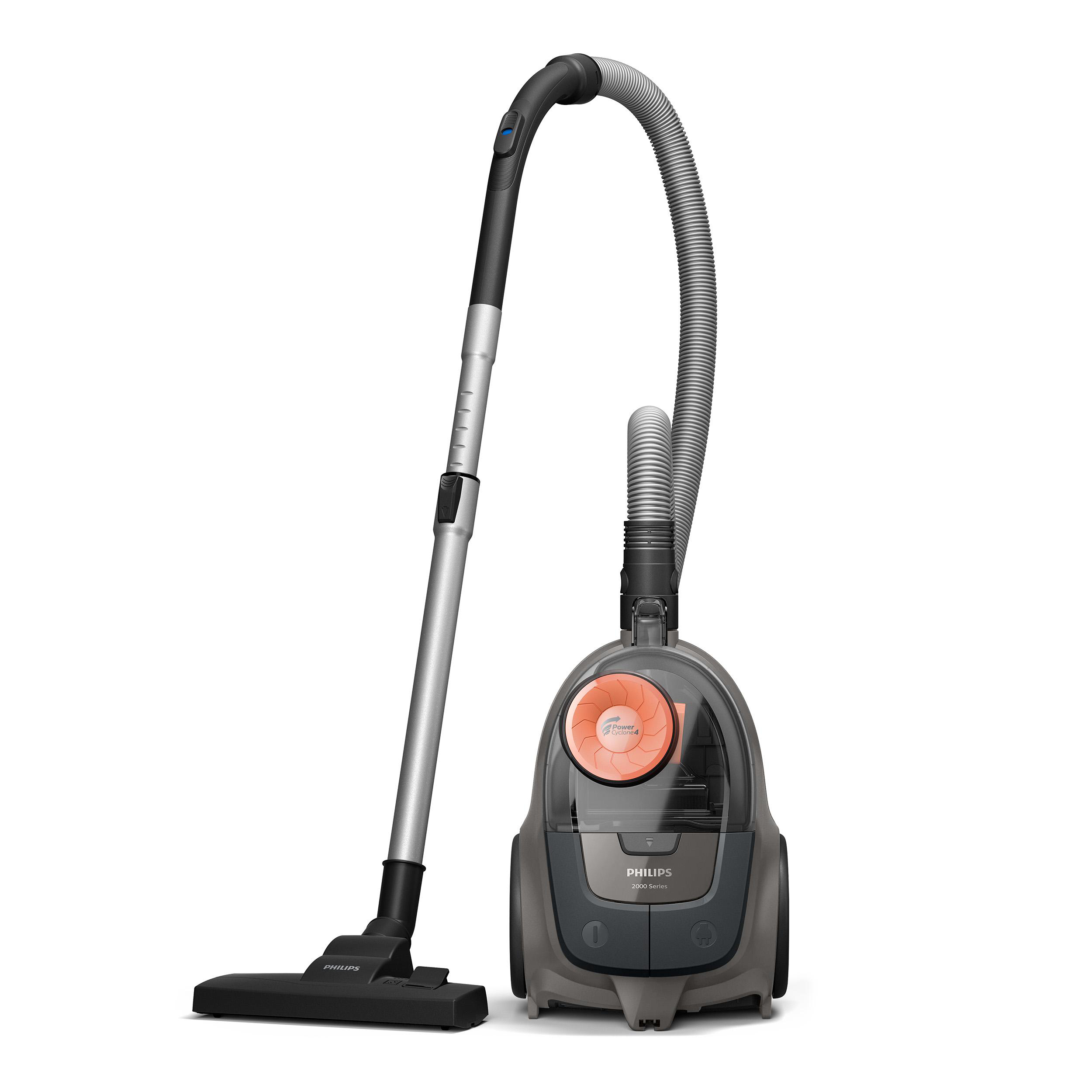 Ein grauer Philips Staubsauger mit einem flexiblen Schlauch und einer Bodendüse.