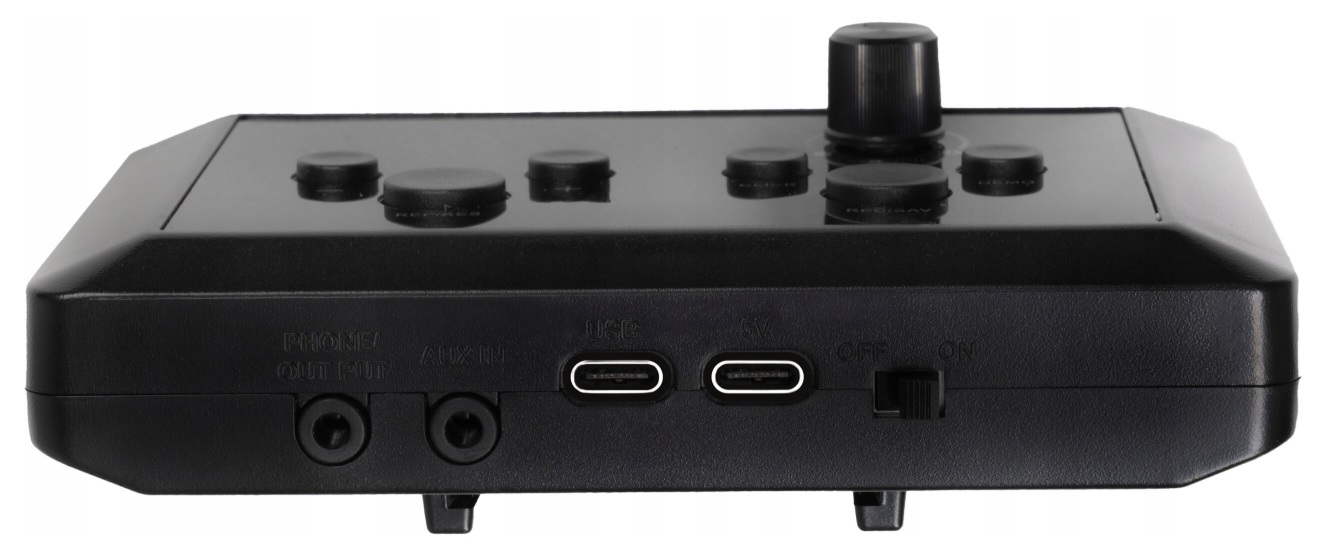 Czarne urządzenie z przyciskami, pokrętłem, USB-C i portami audio.