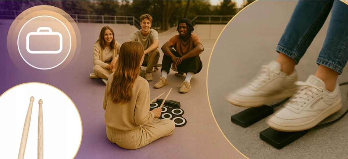 Nastolatki siedzą na skateparku. Jedna gra na perkusji, inni patrzą. Stopy naciskają pedały.