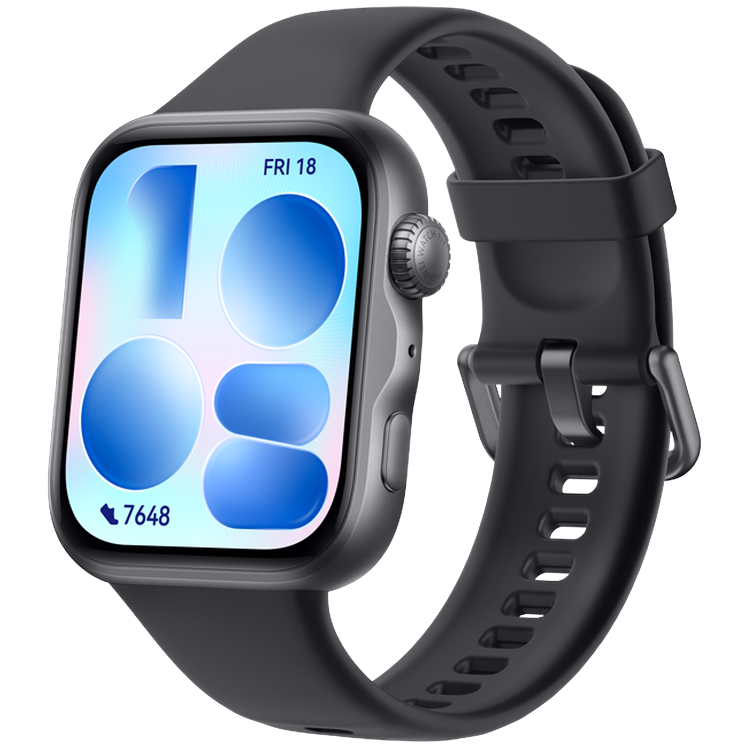 Gray smartwatch with black strap and colorful display showing time and steps.