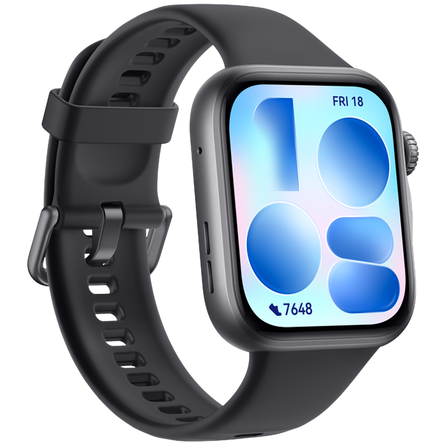 A dark smartwatch with a rectangular screen displaying widgets.