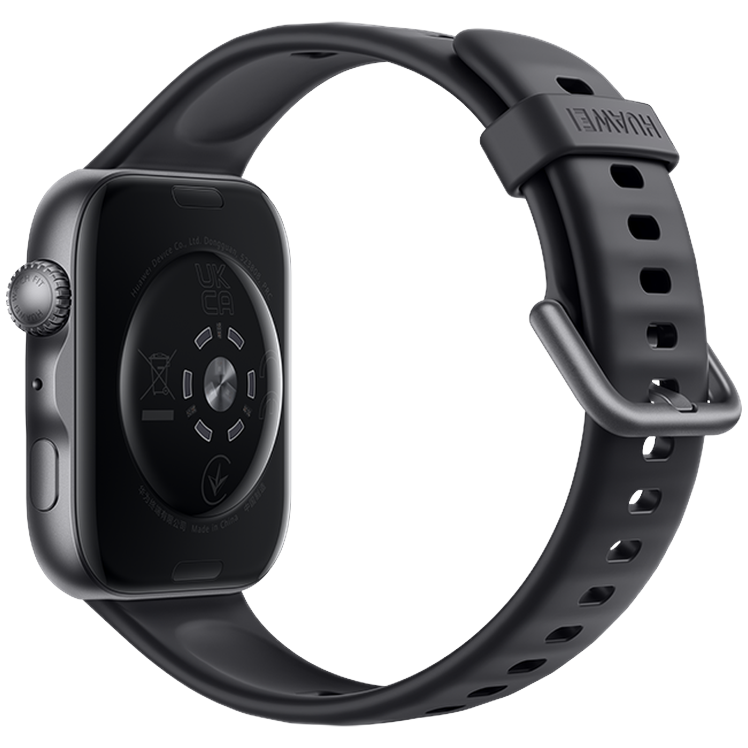 Black smartwatch with heart rate sensor and Huawei logo on the strap.