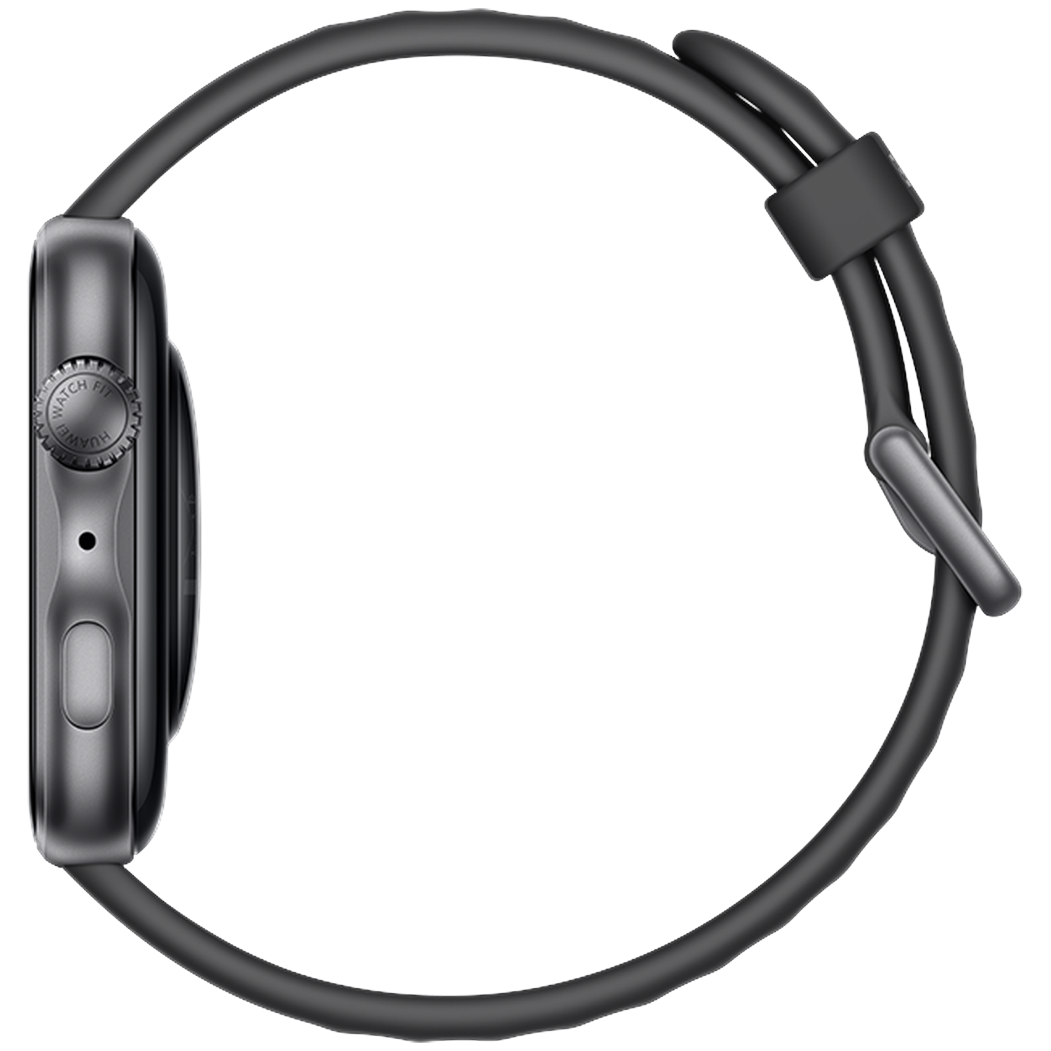 A gray smartwatch with a black strap, viewed from the side.