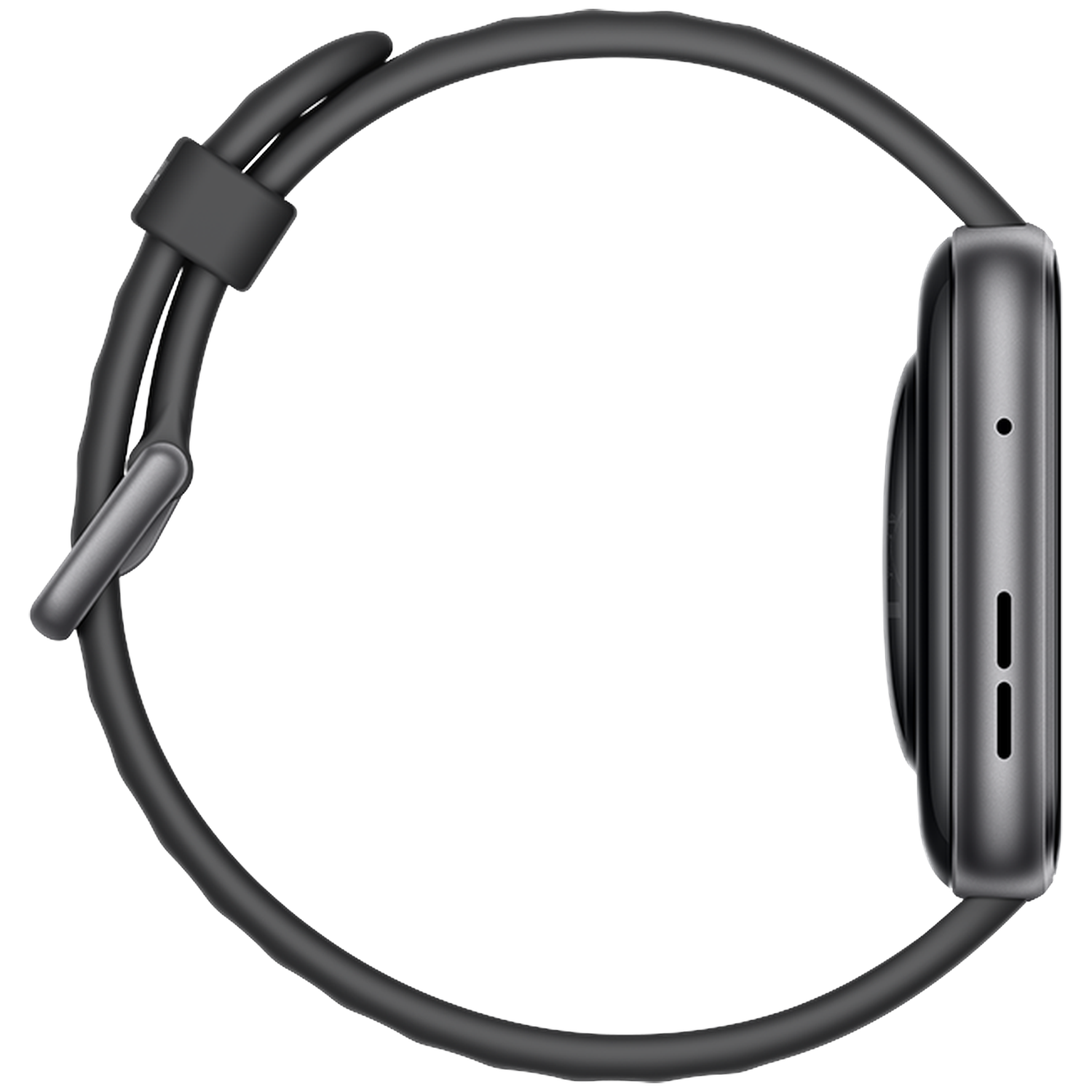 Gray smartwatch with a black band, side view.